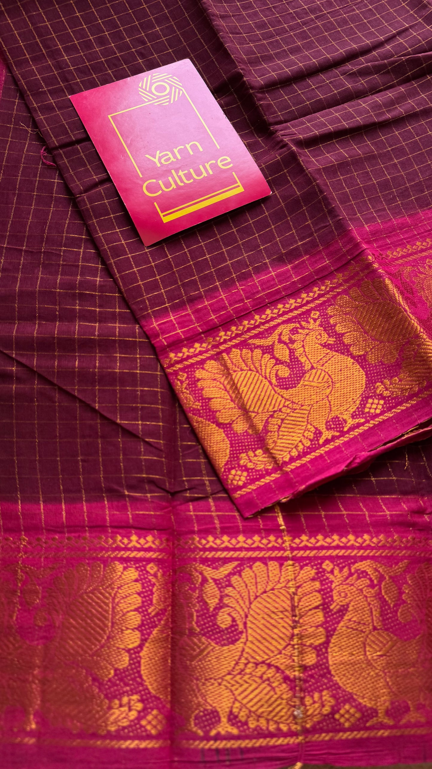 Maroon with hot pink contrast zari checkered sungudi, kattuchayam dyed madurai cotton - YCCOTNMSAP184