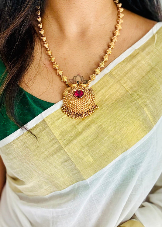 Long neckpiece with red stone pendant, statement piece, with earrings - YCGPNP723