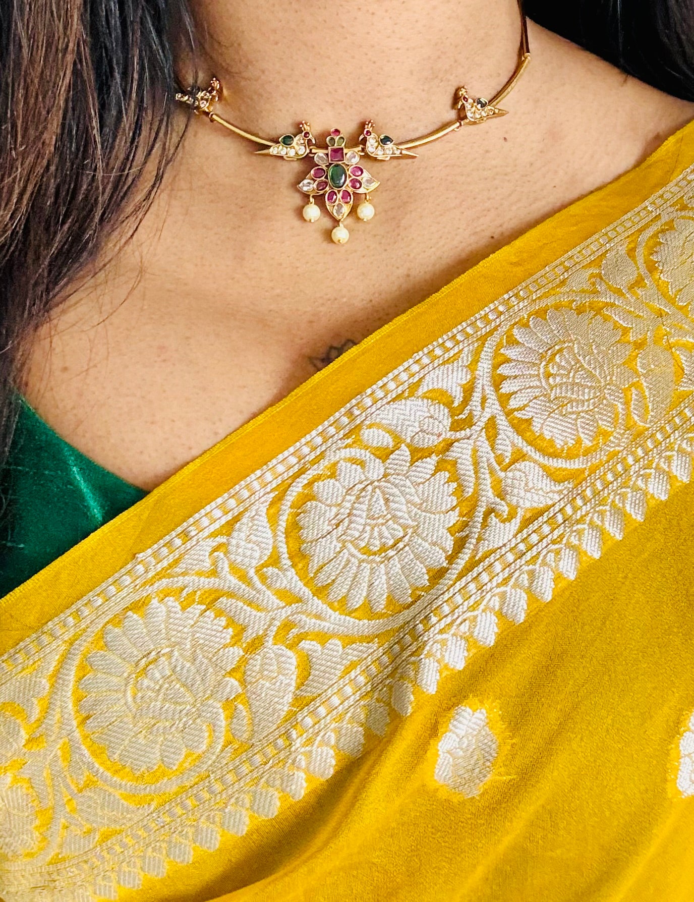 Green white ruby stones parrot hasli, floral pendant, with earrings - YCGPNP617