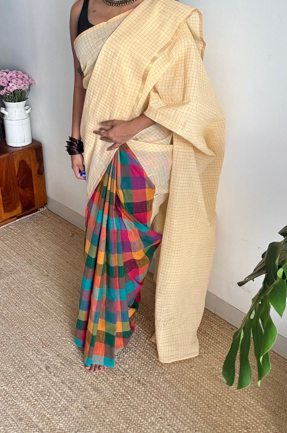 Ivory with multicoloured madras checks, cotton half and half saree - YCCOTNIDOC162