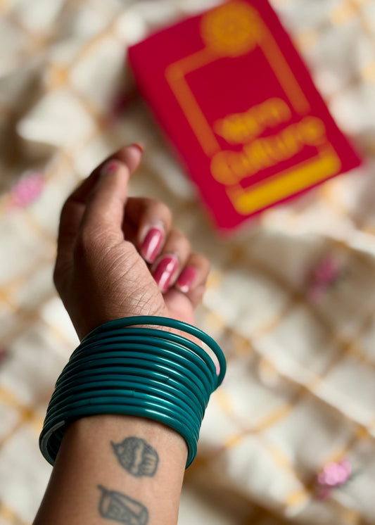 Teal green glass bangles, set of 12 - YCBANGL114
