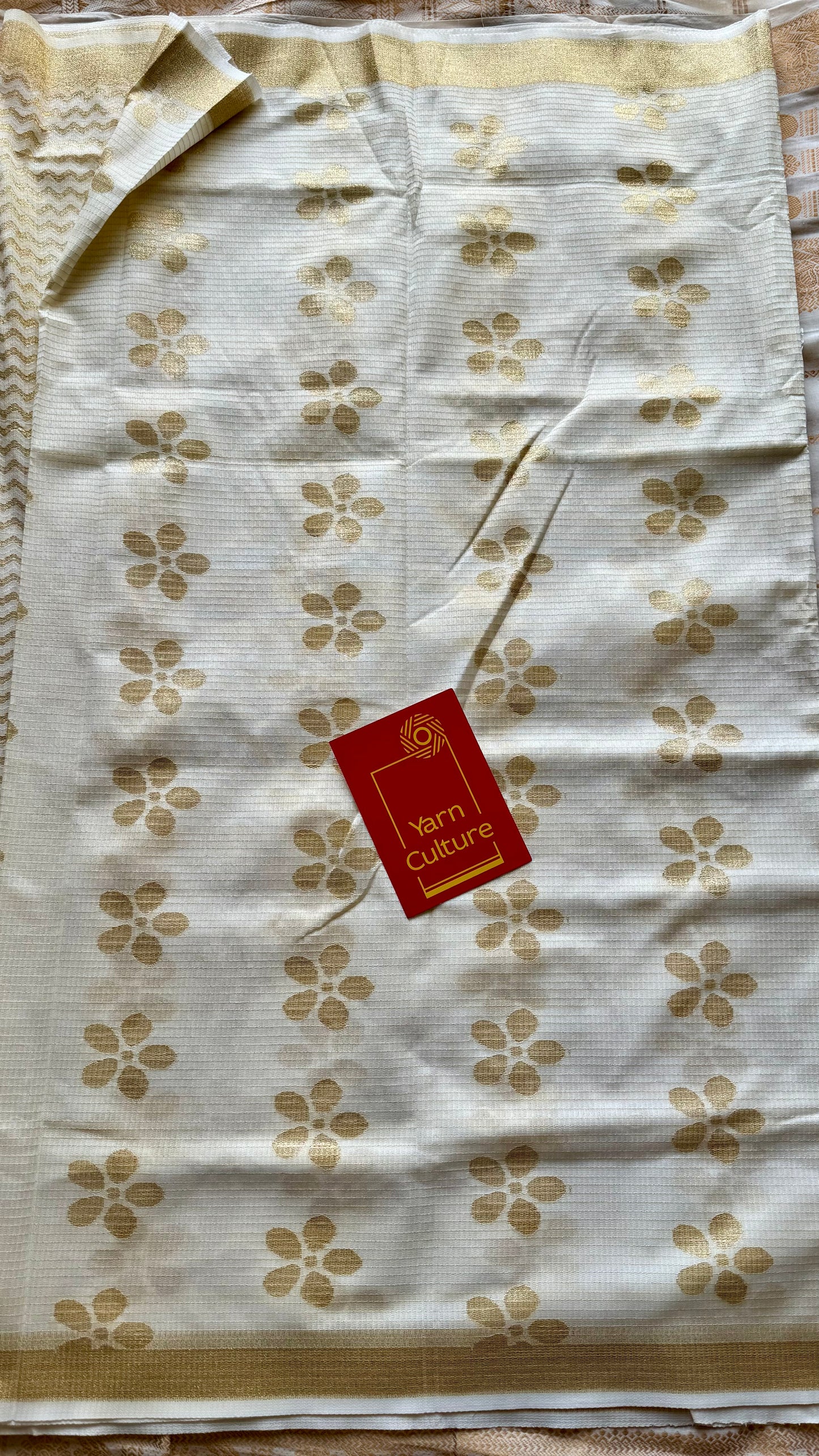 Ivory and gold soft net cotton saree, gold floral prints - YCIEON64