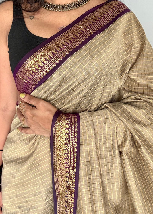 Grey with wine, checkered saree, cotton silk - YCCOTNKCFE64