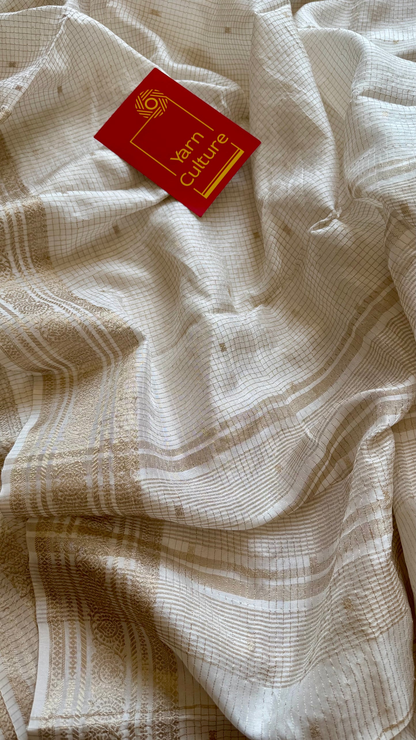 Off white and gold soft georgette saree, checks, gold border - YCIEON84