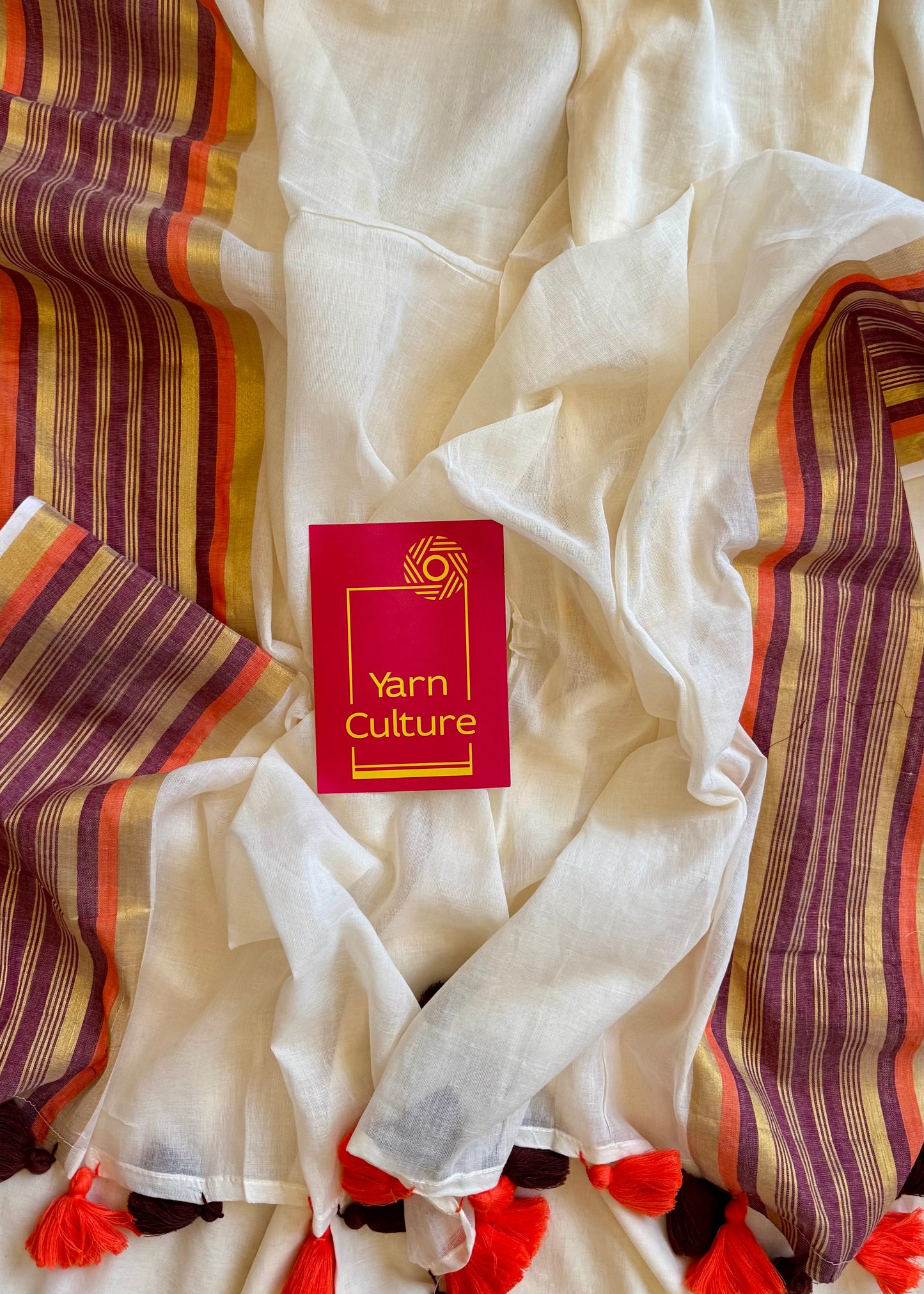 Ivory mul saree, deep maroon, orange, gold zari border - YCIEON02