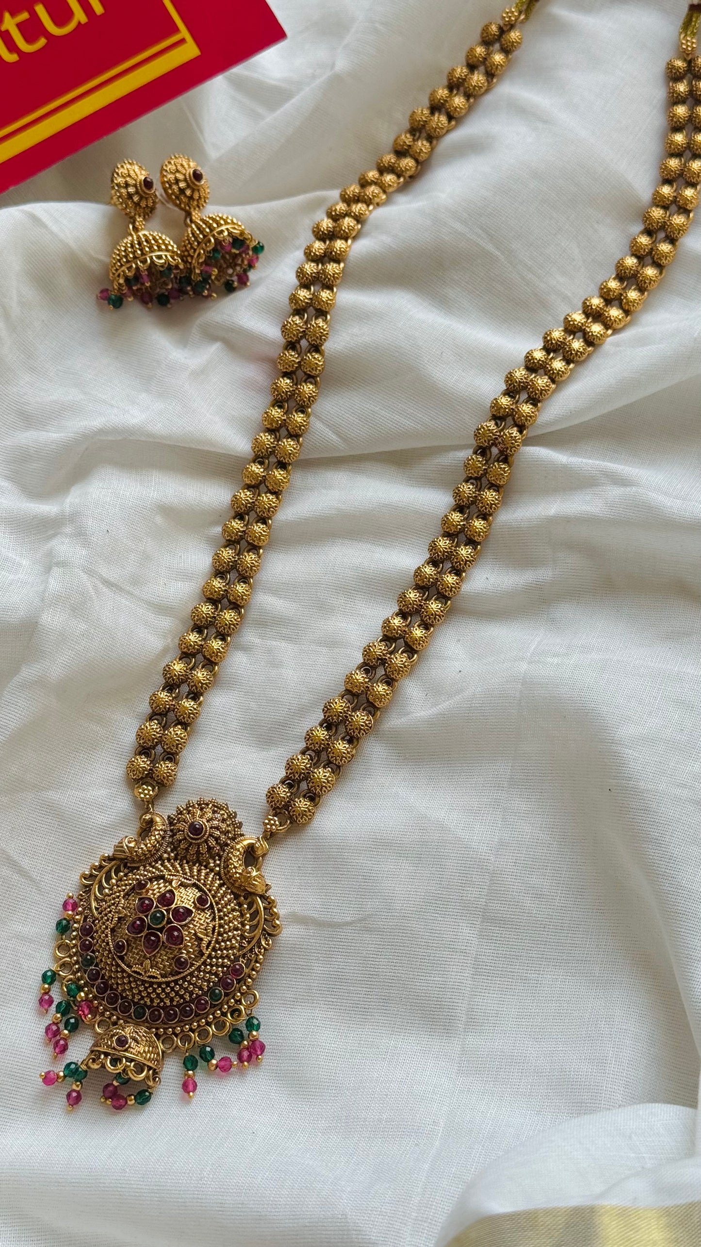 Long neckpiece with red stone pendant, green and red bead drops, statement piece, with earrings - YCGPNP726