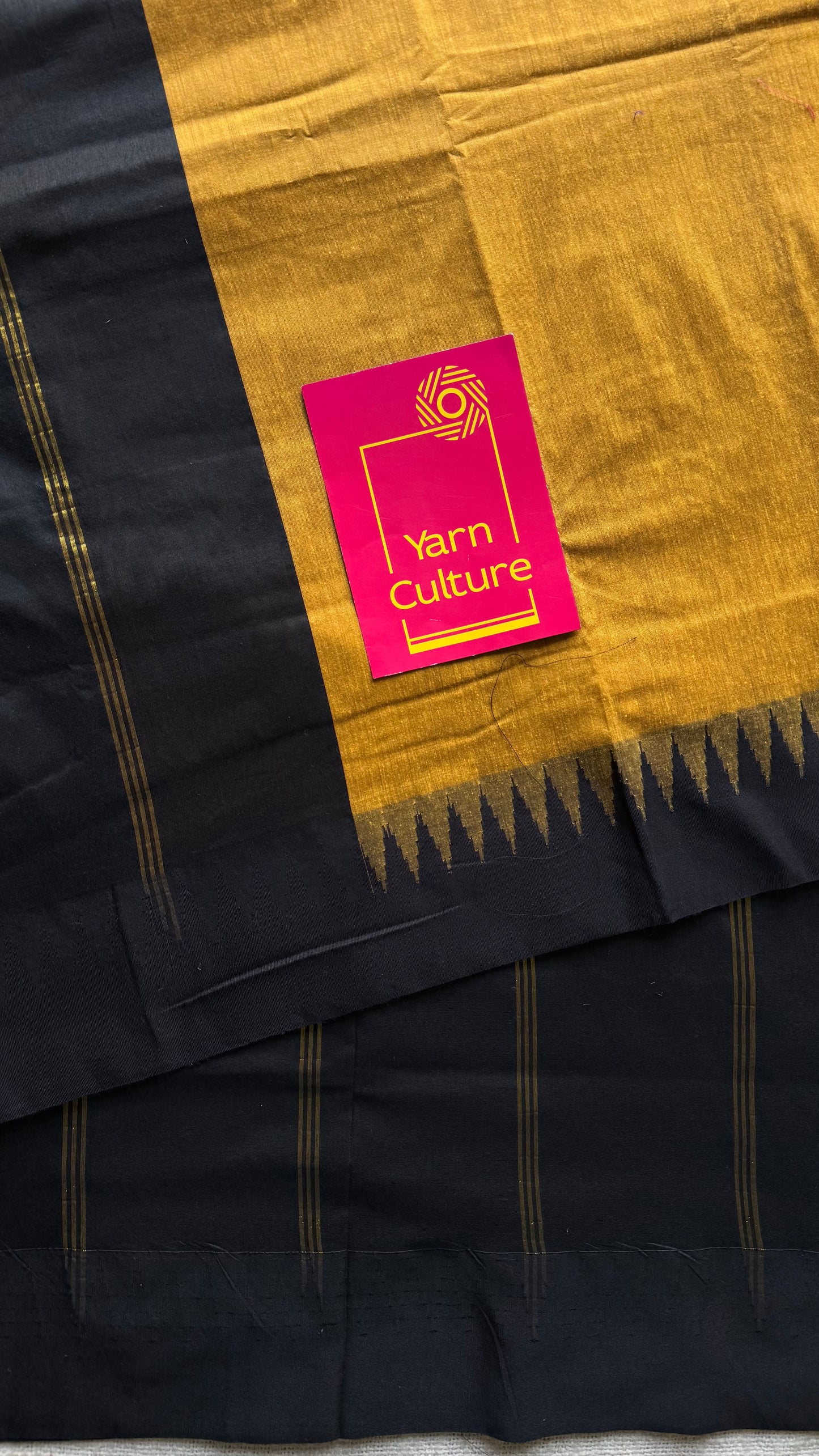 Turmeric yellow with black temple border, cotton silk - YCCOTNCSDE94