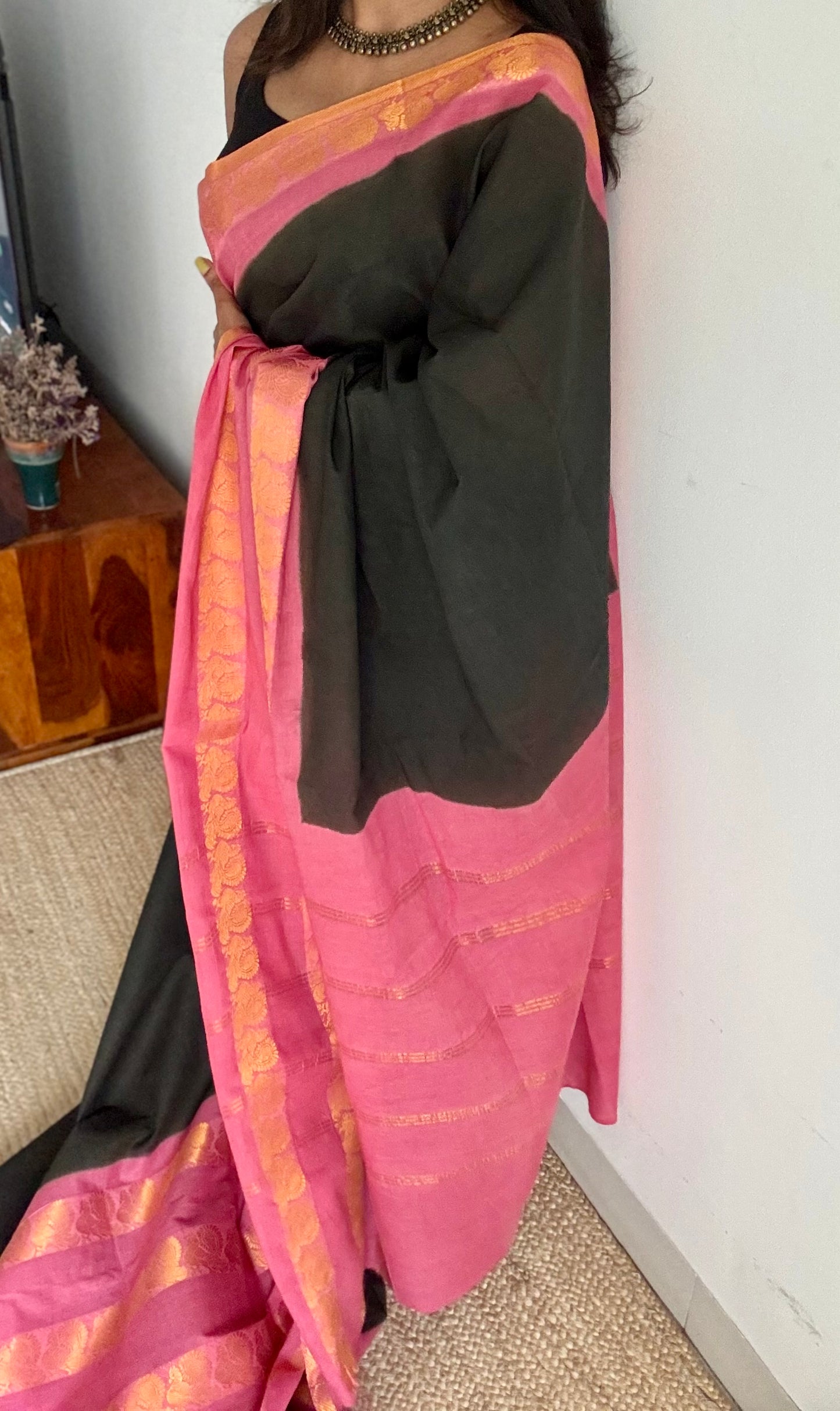 Dark green and pink sungudi with triple peacock motif rettai pettu wide border - YCCOTNSEMS51