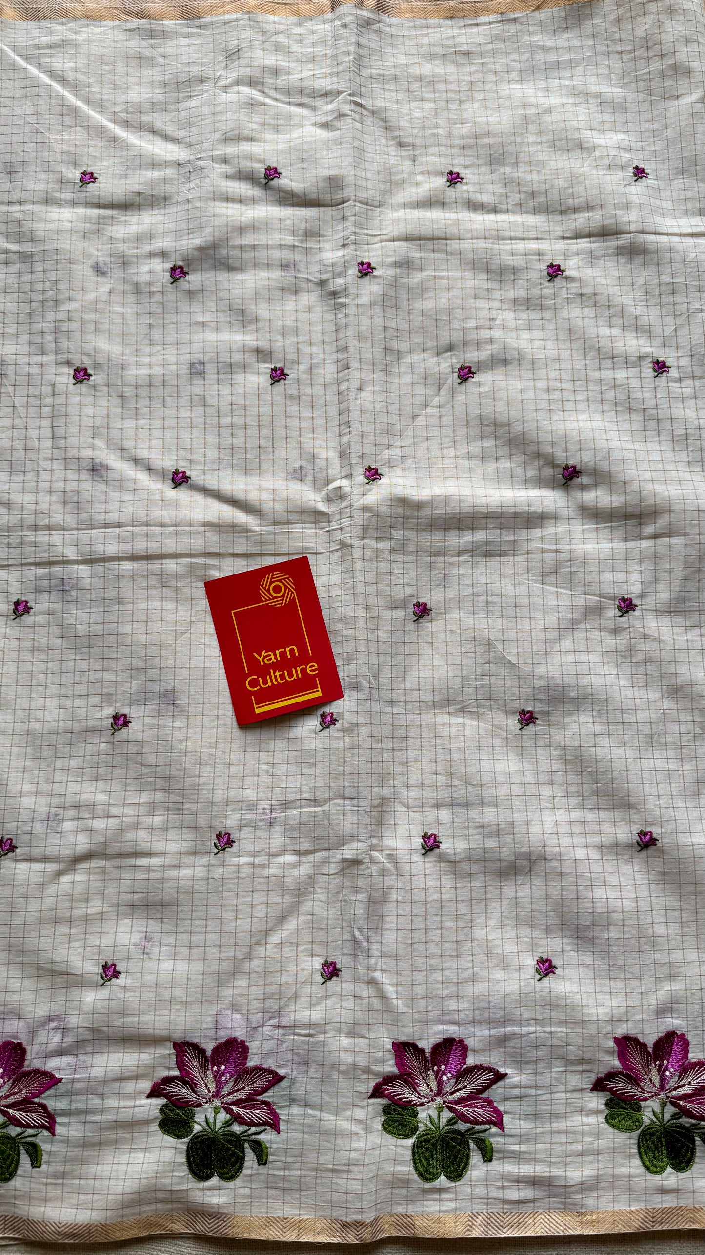 Sruthi : Mandaram - purple pink floral embroidery, ivory & gold, soft cotton in mini checks - YCIEON166