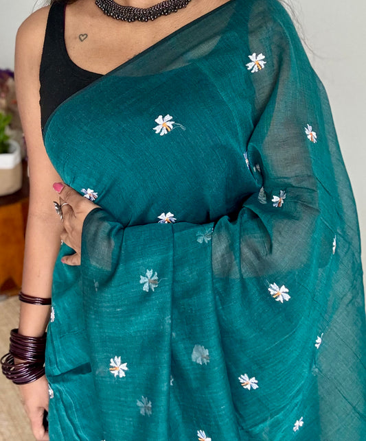 Peacock green parijat mul cotton saree  - YCBCMCAP35