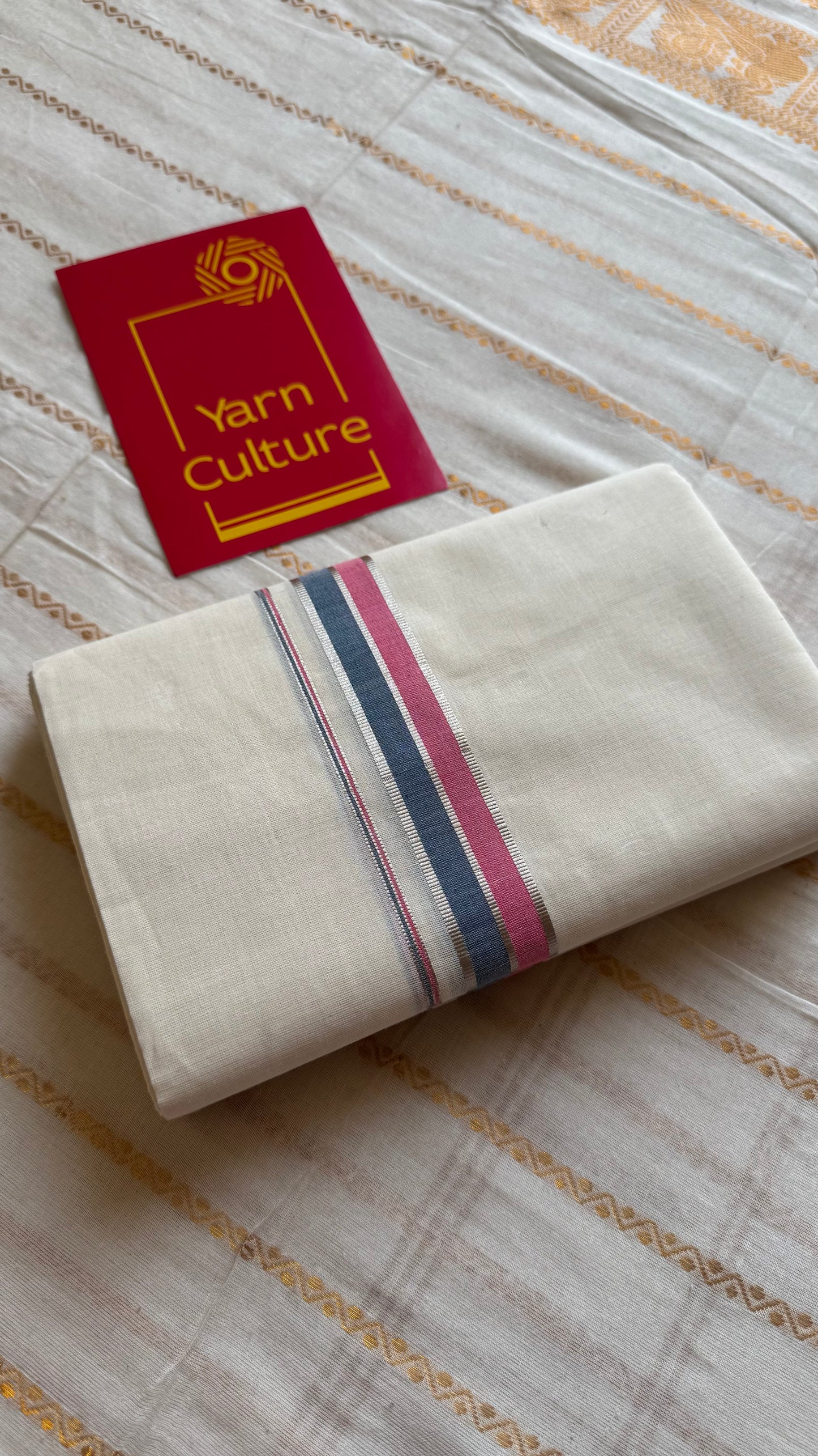 Ivory Chendamangalam Handloom Double Mundu with Pink, Blue & Silver Kasavu Kara | Soft Cotton Men's Dhoti - YCMSEIE171