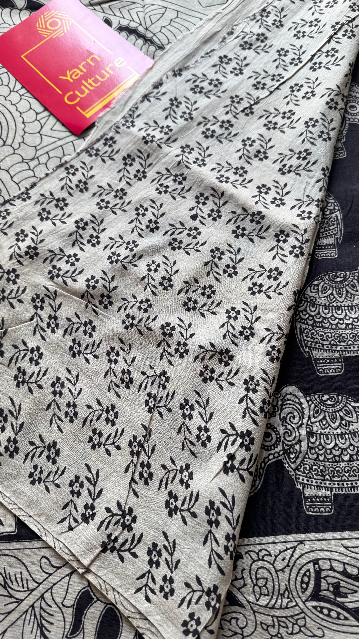 Black kalamkari saree, elephant motifs, soft cotton - YCWOTDMA349