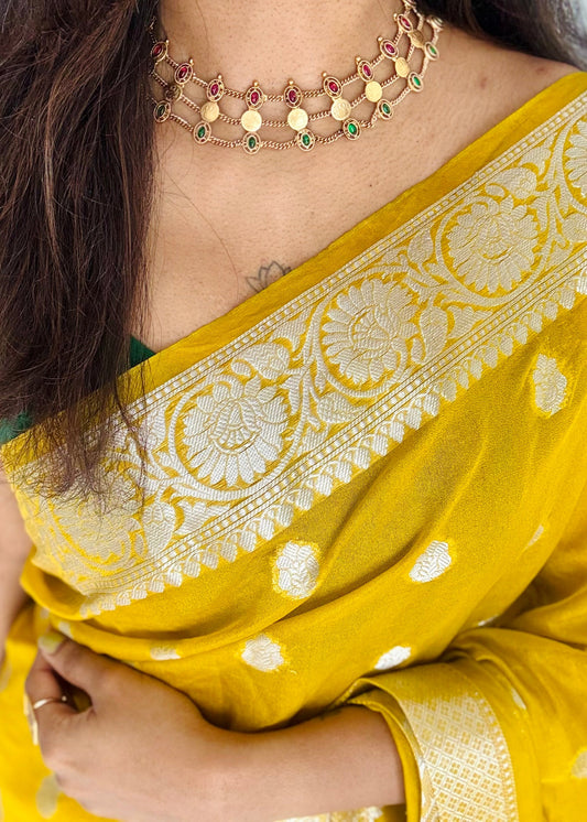 Antique gold three layered coin choker neckpiece, ruby and green stones, with earrings  - YCAGNP259