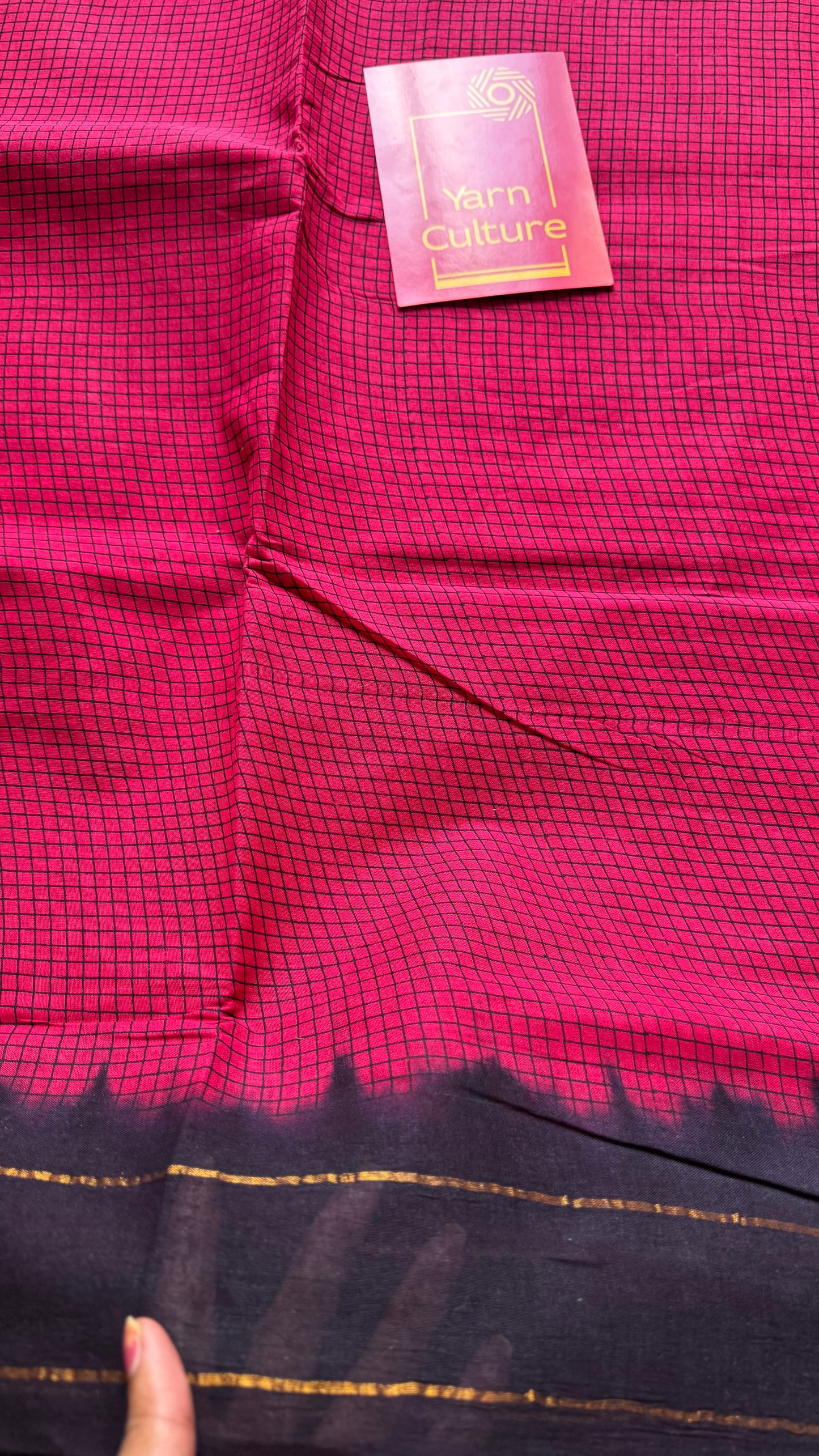 Dark pink with black contrast, checkered kattuchayam dyed madurai cotton saree - YCCOTNMA234