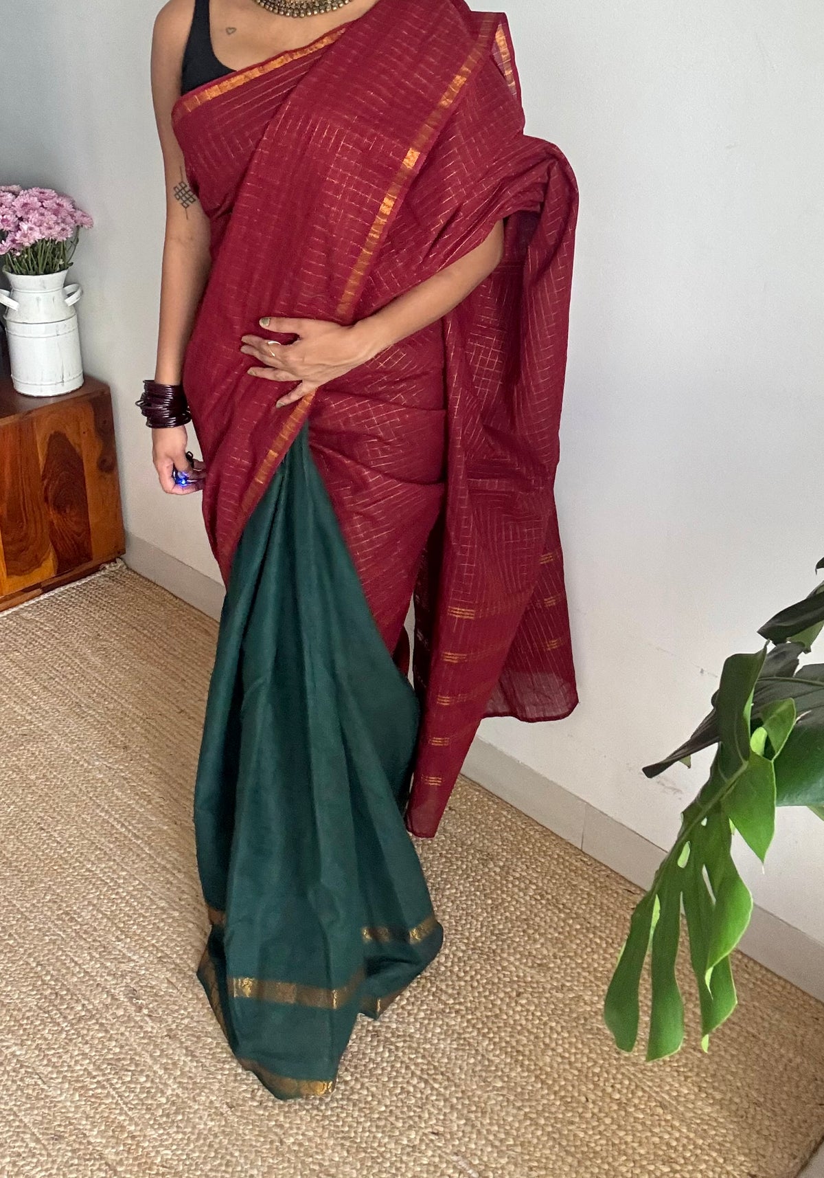 Maroon with dark green, sungudi cotton half and half saree - YCCOTNIDOC158