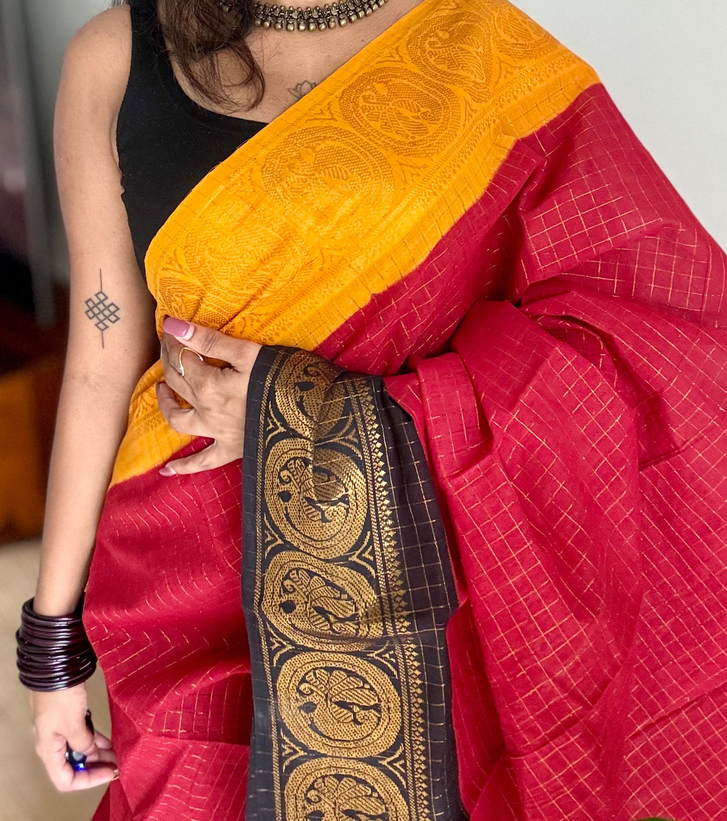 Sungudi cotton checks, red base, yellow and black dual tone border, soft cotton - YCCOTNMSJUL10