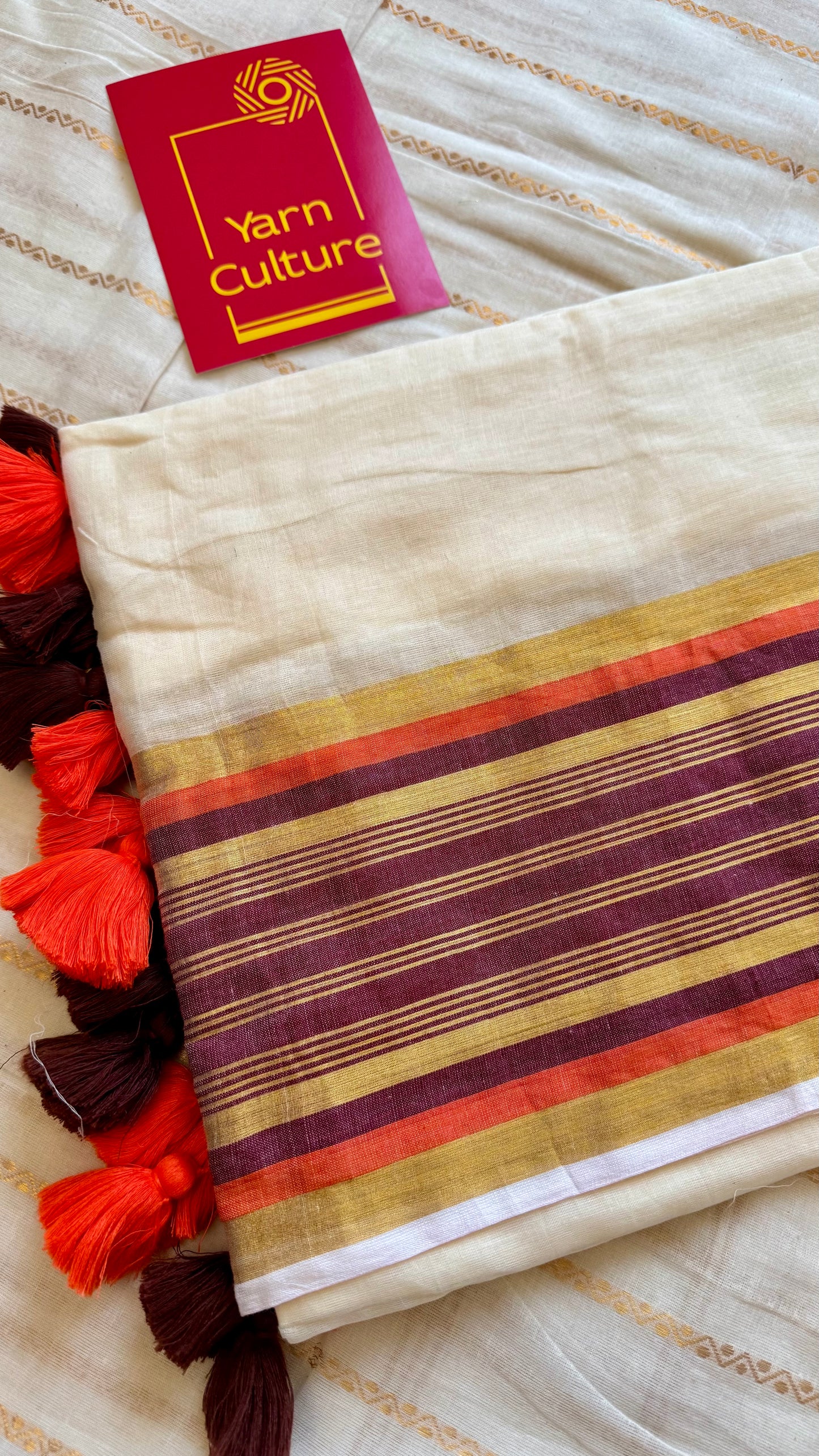 Ivory mul saree, deep maroon, orange, gold zari border - YCIEON02