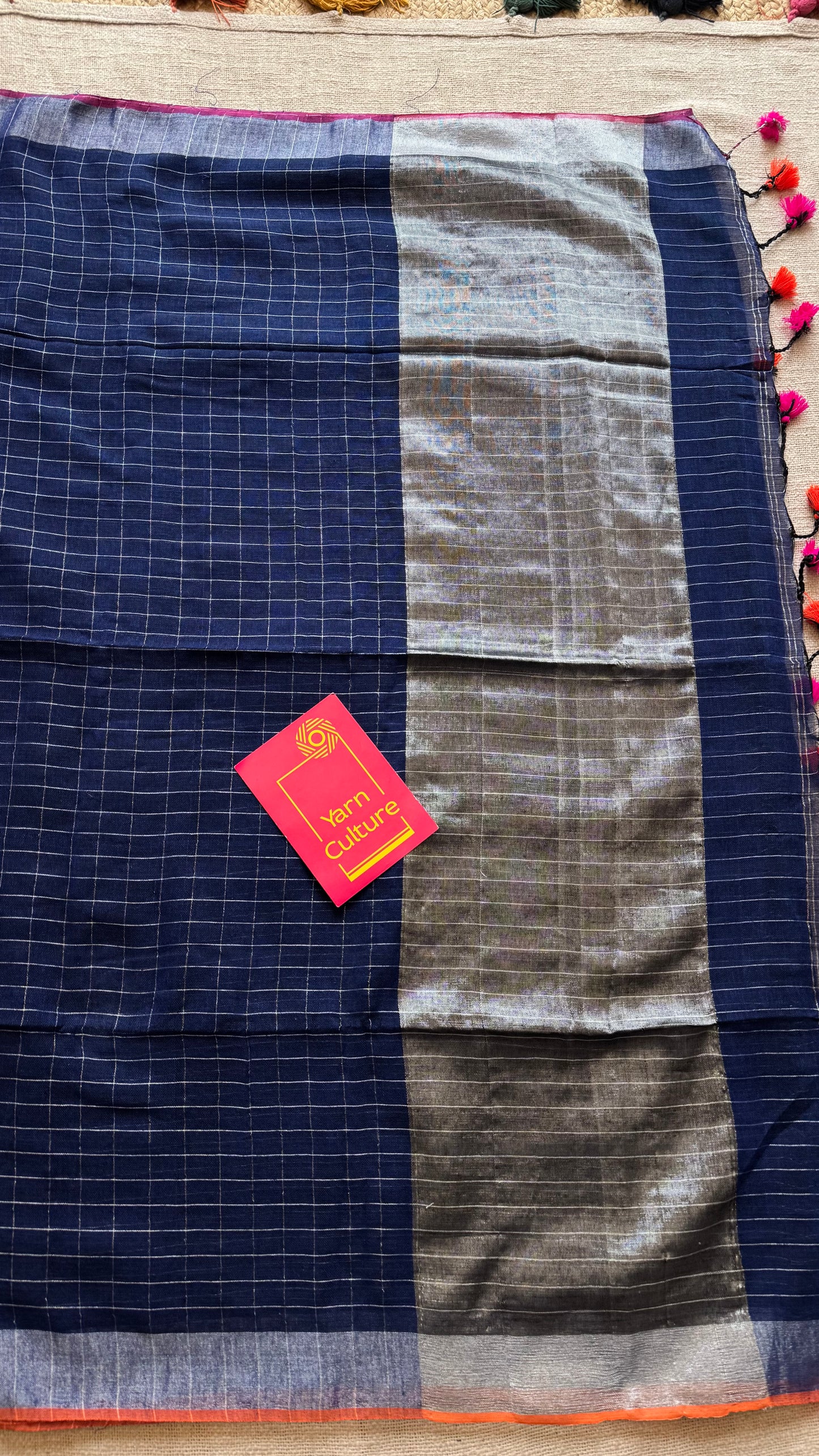 Navy blue linen by cotton saree, silver checks & zari pallu - YCBCLCFE392