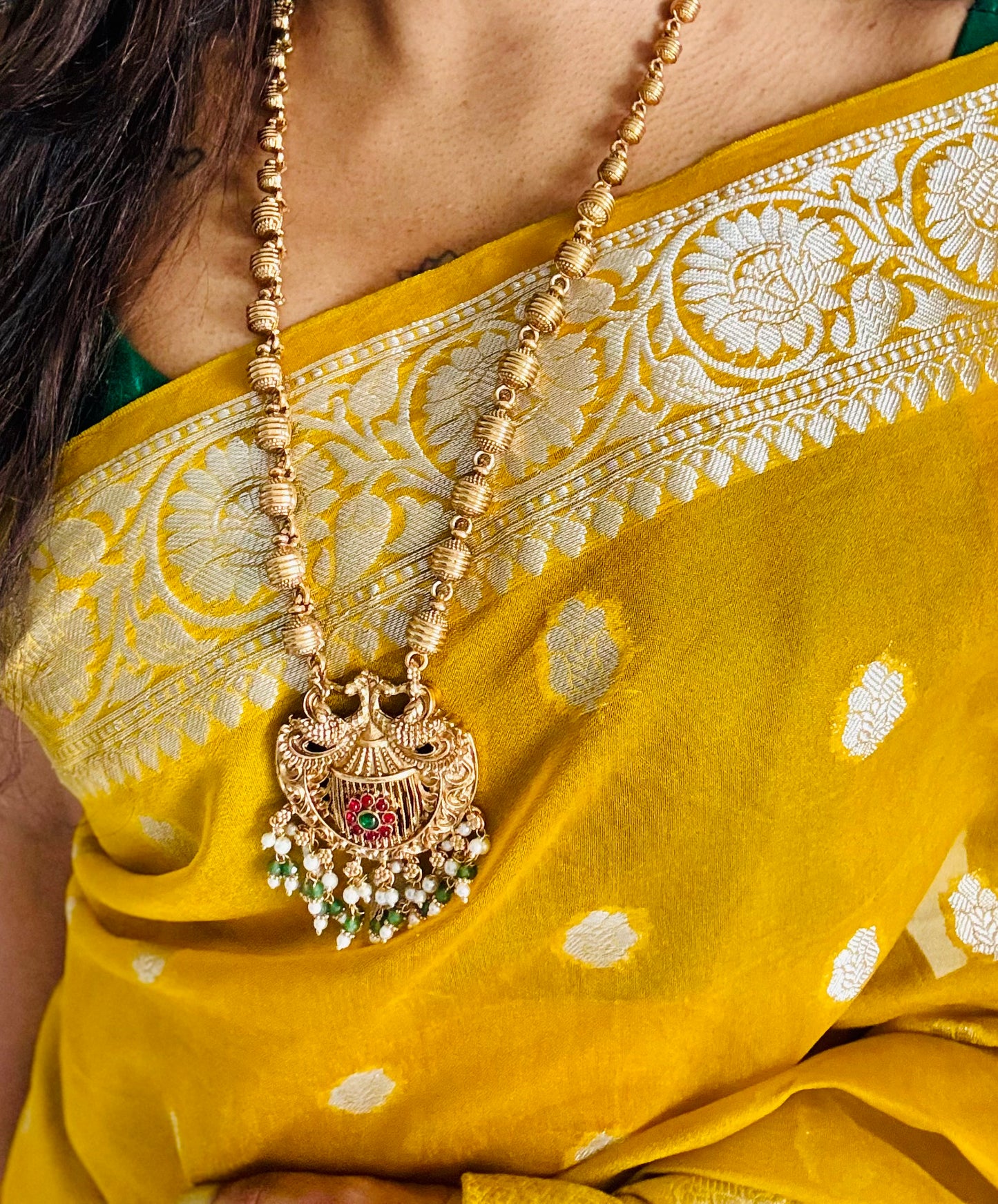 Long haram with peacock pendant, with earrings - YCGPNP612