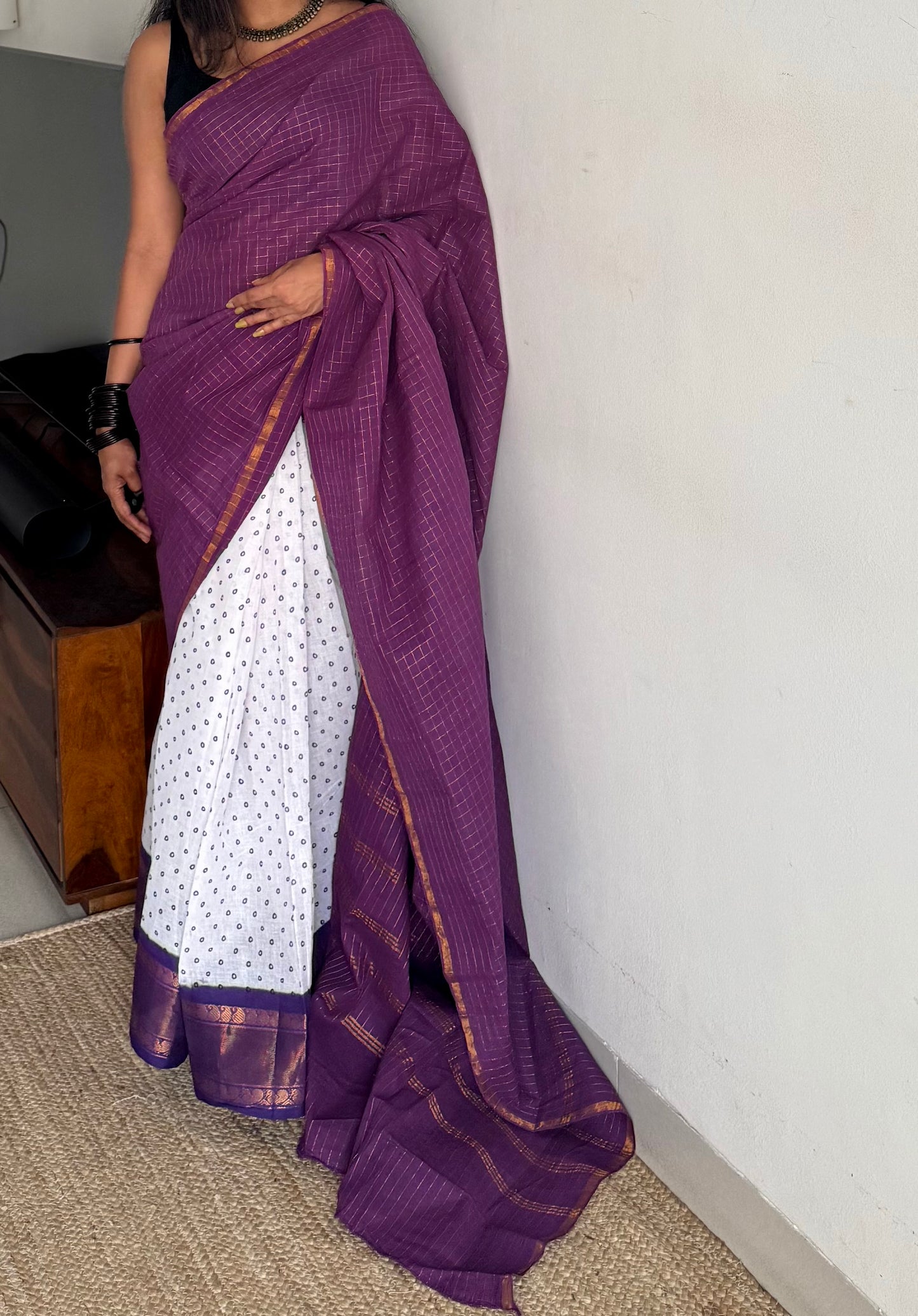 Purple with white, sungudi cotton half-half saree - YCCOTNMSFE372