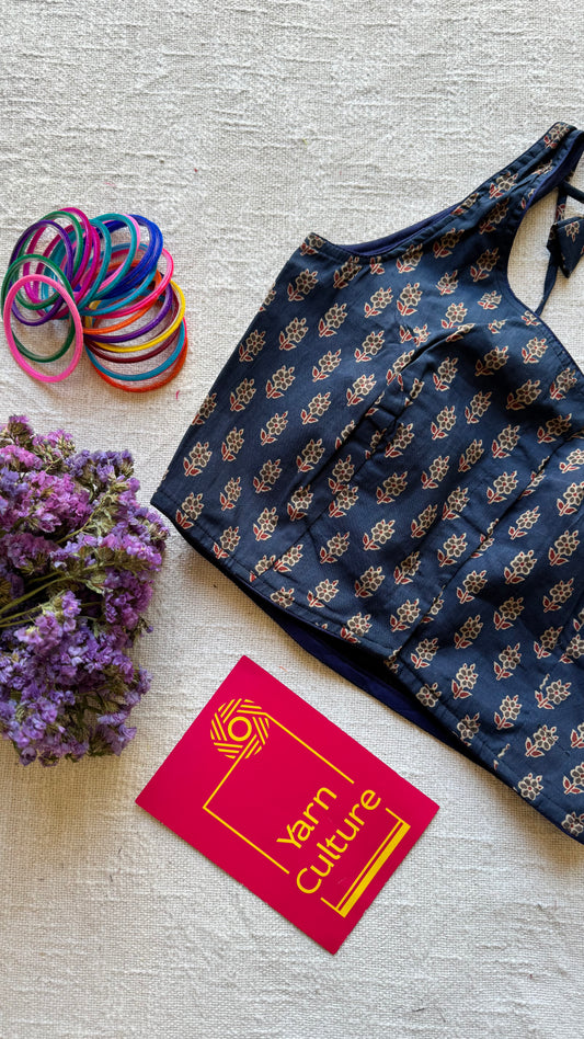 Indigo printed sleeveless cotton stitched blouse, front open, non-padded - YCSESB85