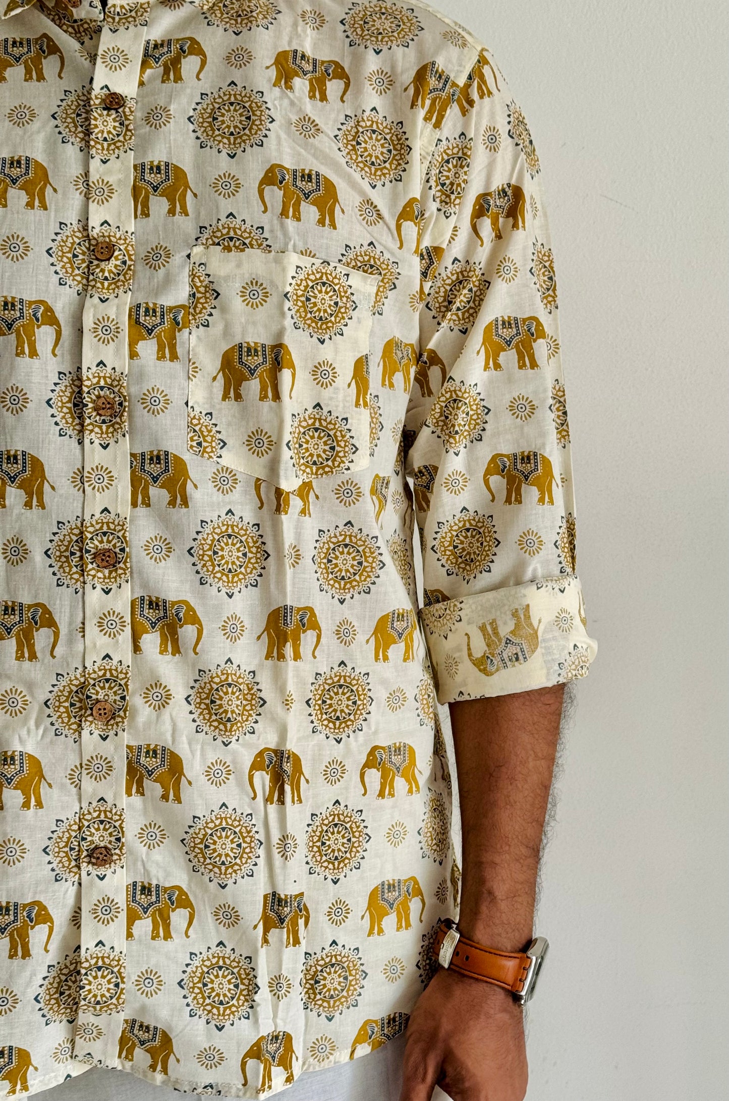 Ivory Elephant Motif Block Printed Cotton Men's Full Sleeve Collared Shirt - YCMSEIE205