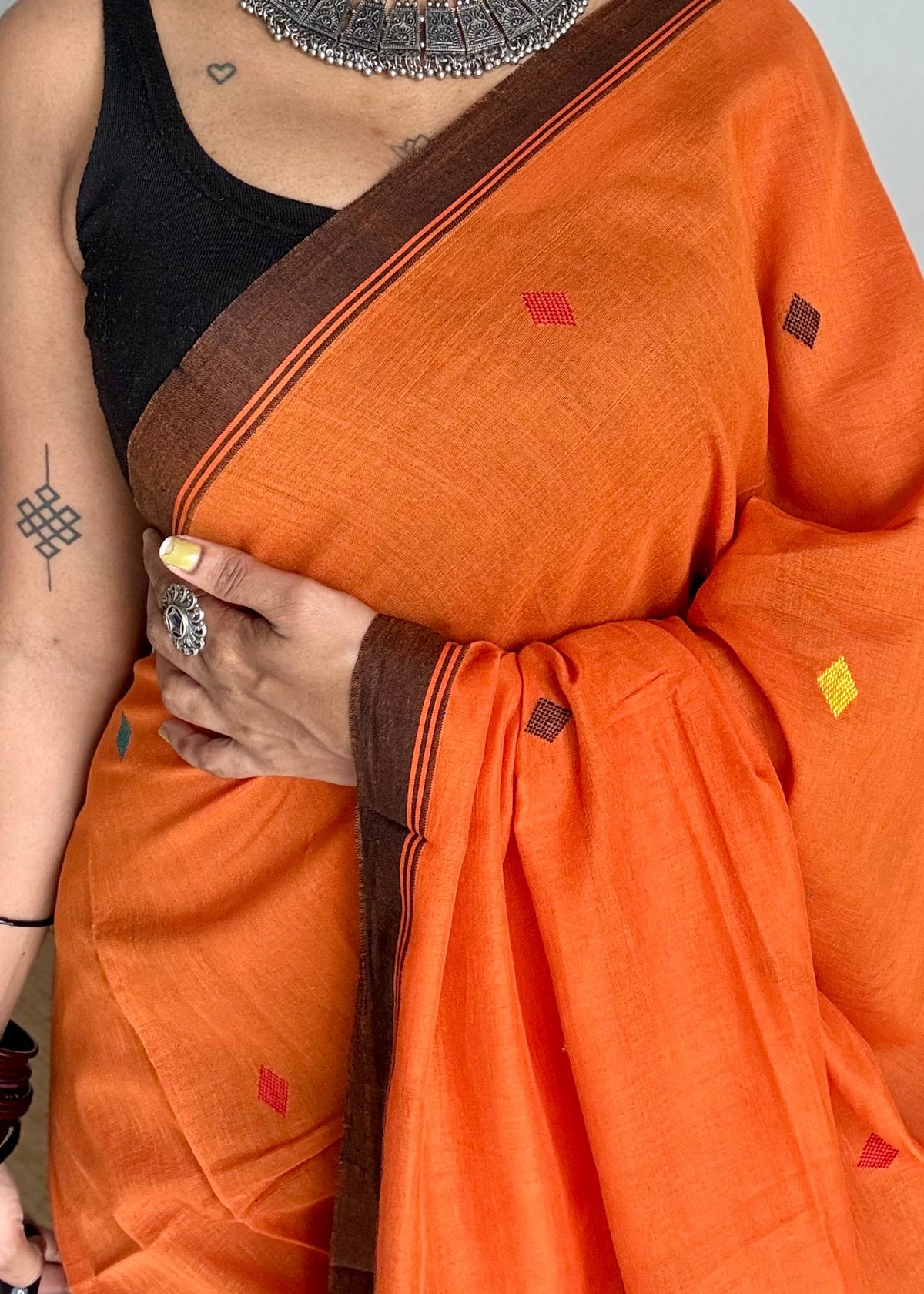 Handloom Bengal soft cotton saree, orange with woven buttas and brown borders - YCBCMCSE36
