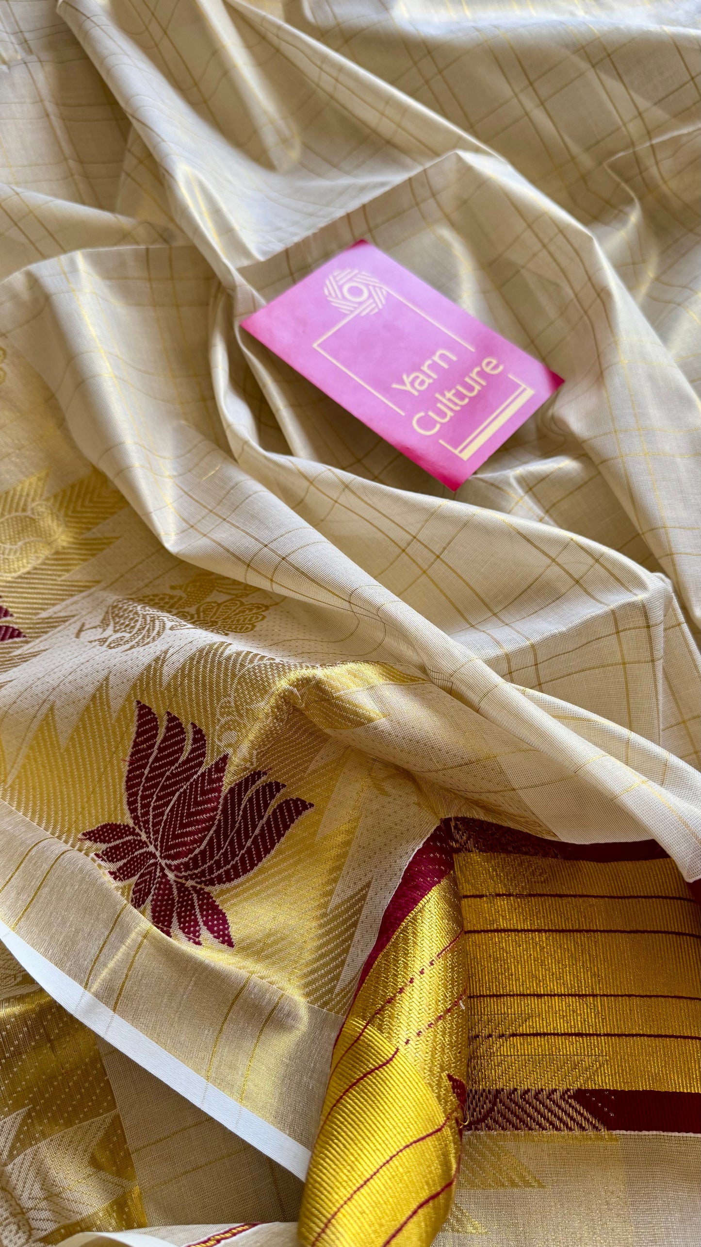 Ivory and gold kerala kasavu saree, maroon lotus motif border - YCIEON48