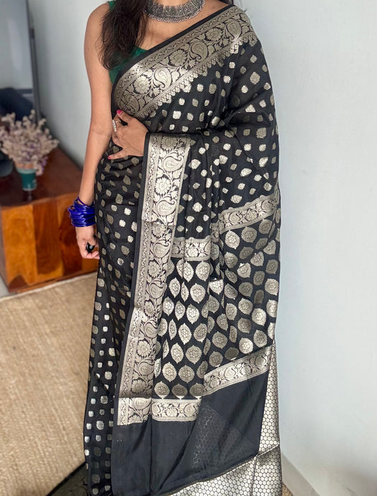 Black, silver buttas and zari, Banarasi semi-silk - YCDESE45