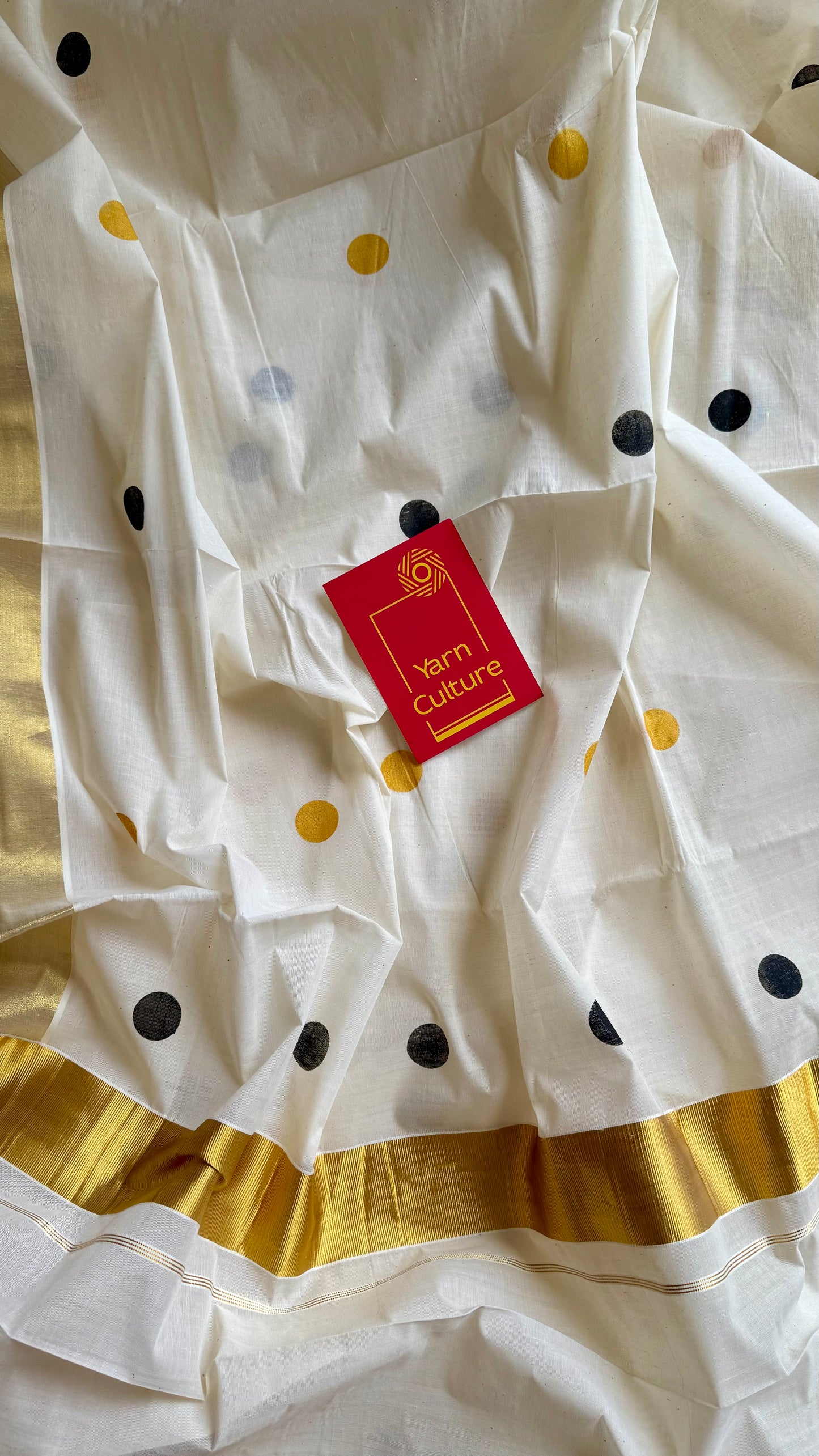 Ivory and gold soft cotton kasavu saree, black and yellow polka - YCIEON72