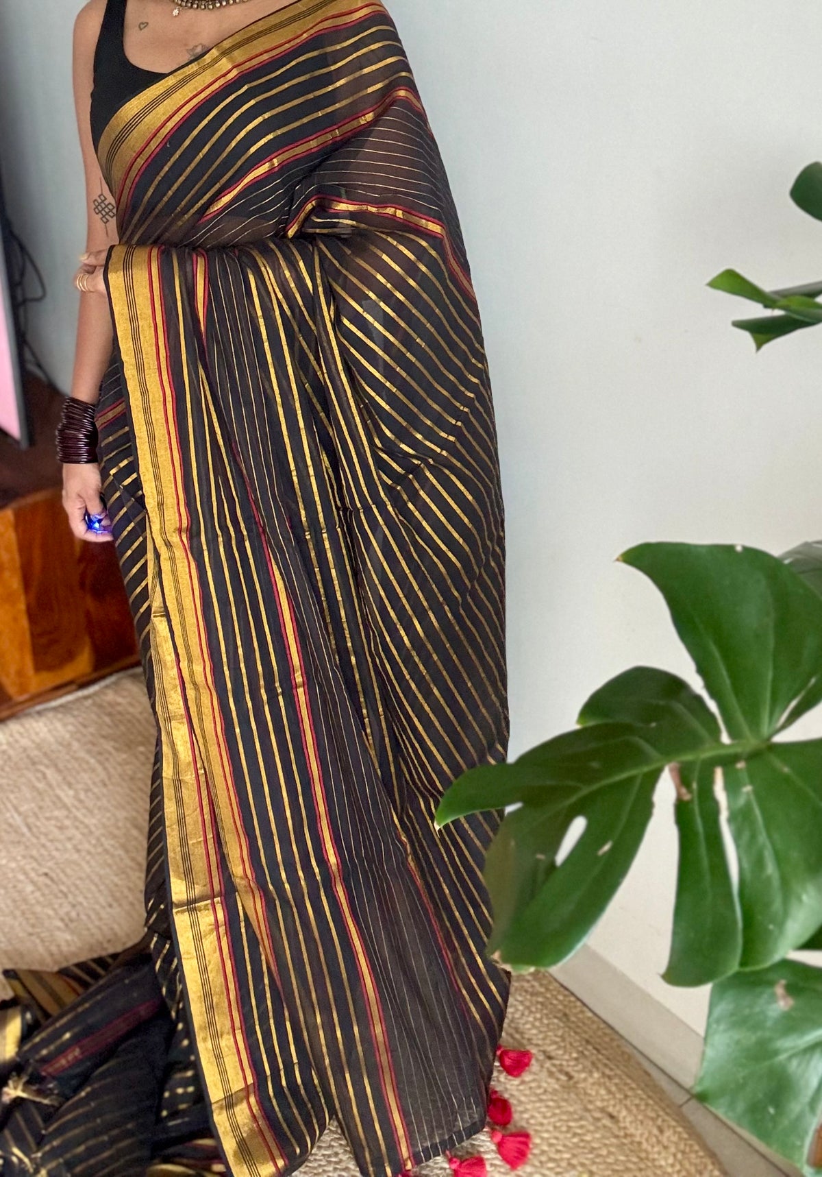 Black mul cotton saree with gold and maroon zari stripes - YCBCMCSE27