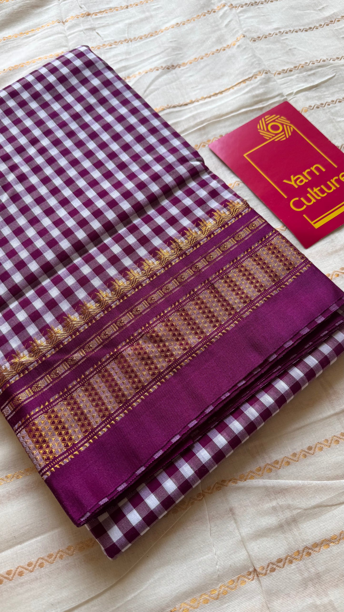 llkal purple pink and white checks with chikki paras border, soft cotton with art silk blend - YCLOKICAP226