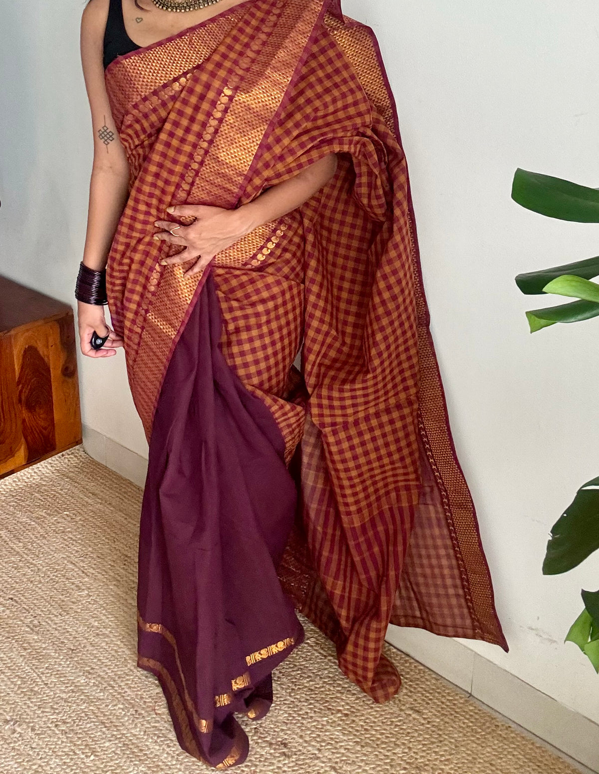Maroon with rust orange and maroon, with sungudi and chettinad cotton half-half saree - YCCOTNIDOC41