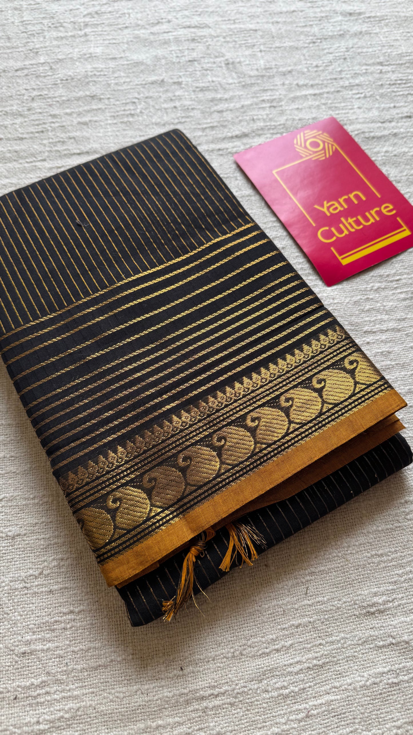 Kanchi cotton saree, black with gold stripes, paisley border - YCCOTNAP92