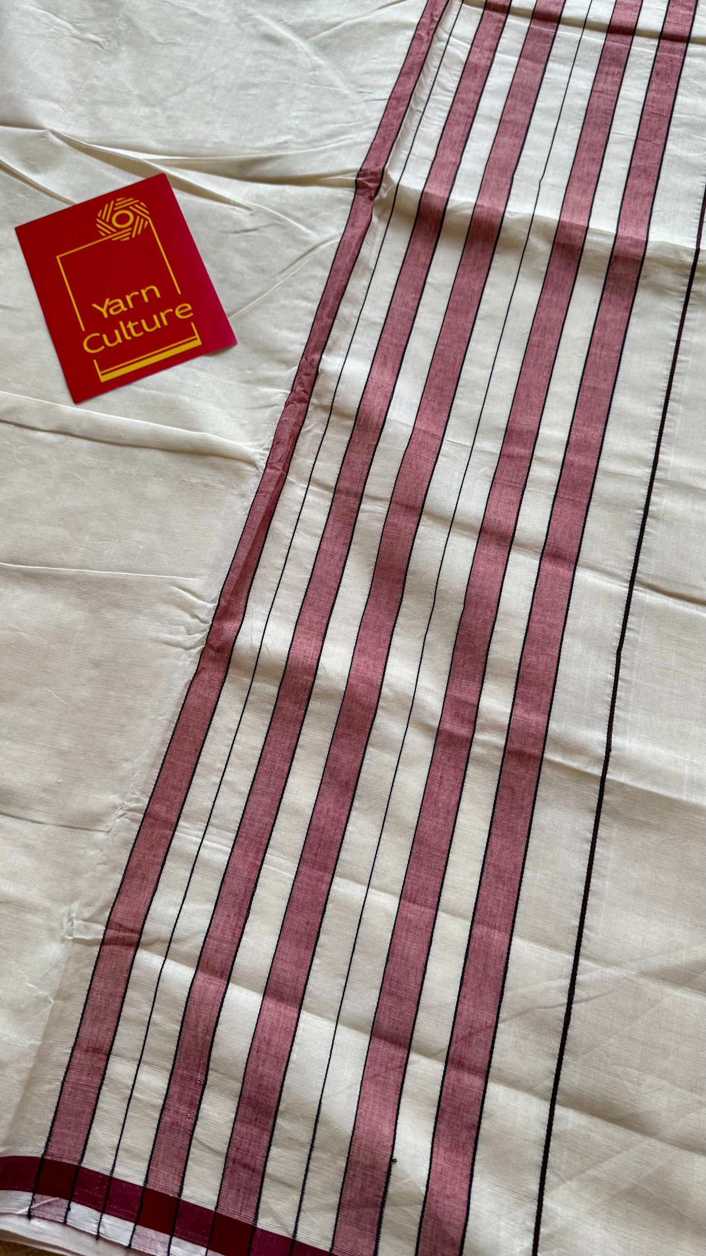 Handloom, woven in Chendamangalam Looms, ivory with maroon border, soft cotton saree - YCIEON151