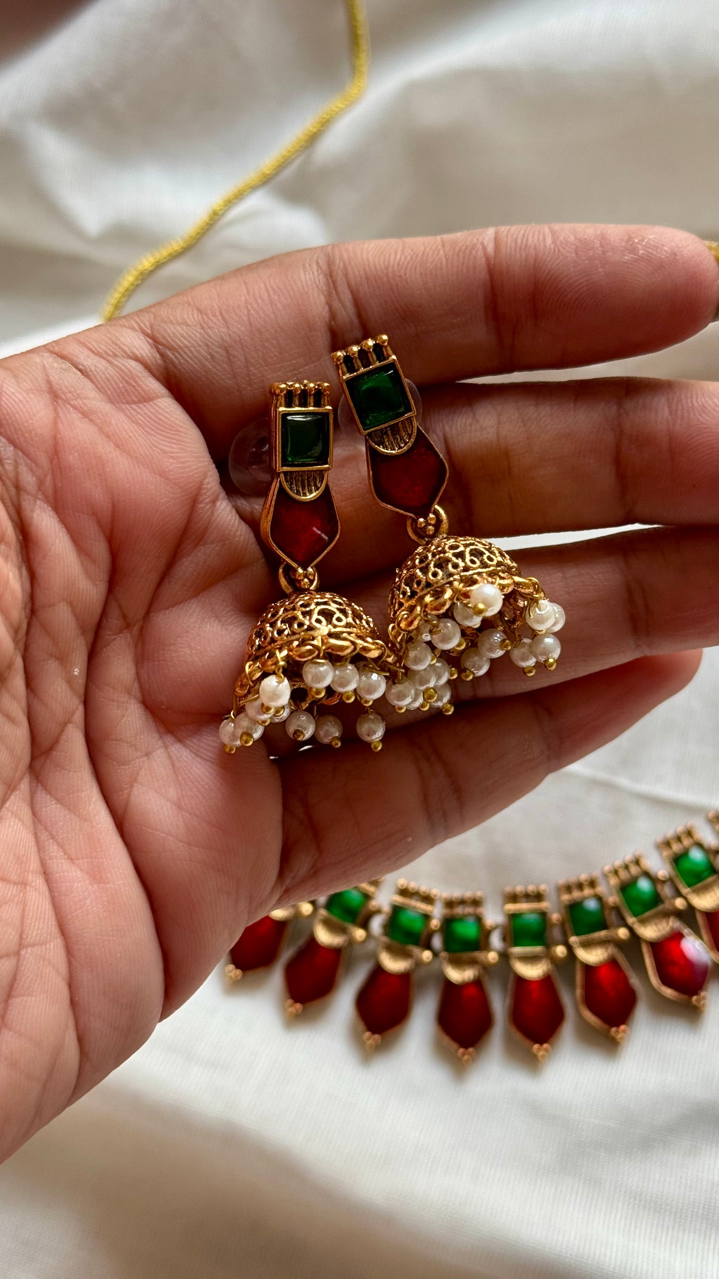 Red nagapadam neckpiece, with earrings - YCGPNP615