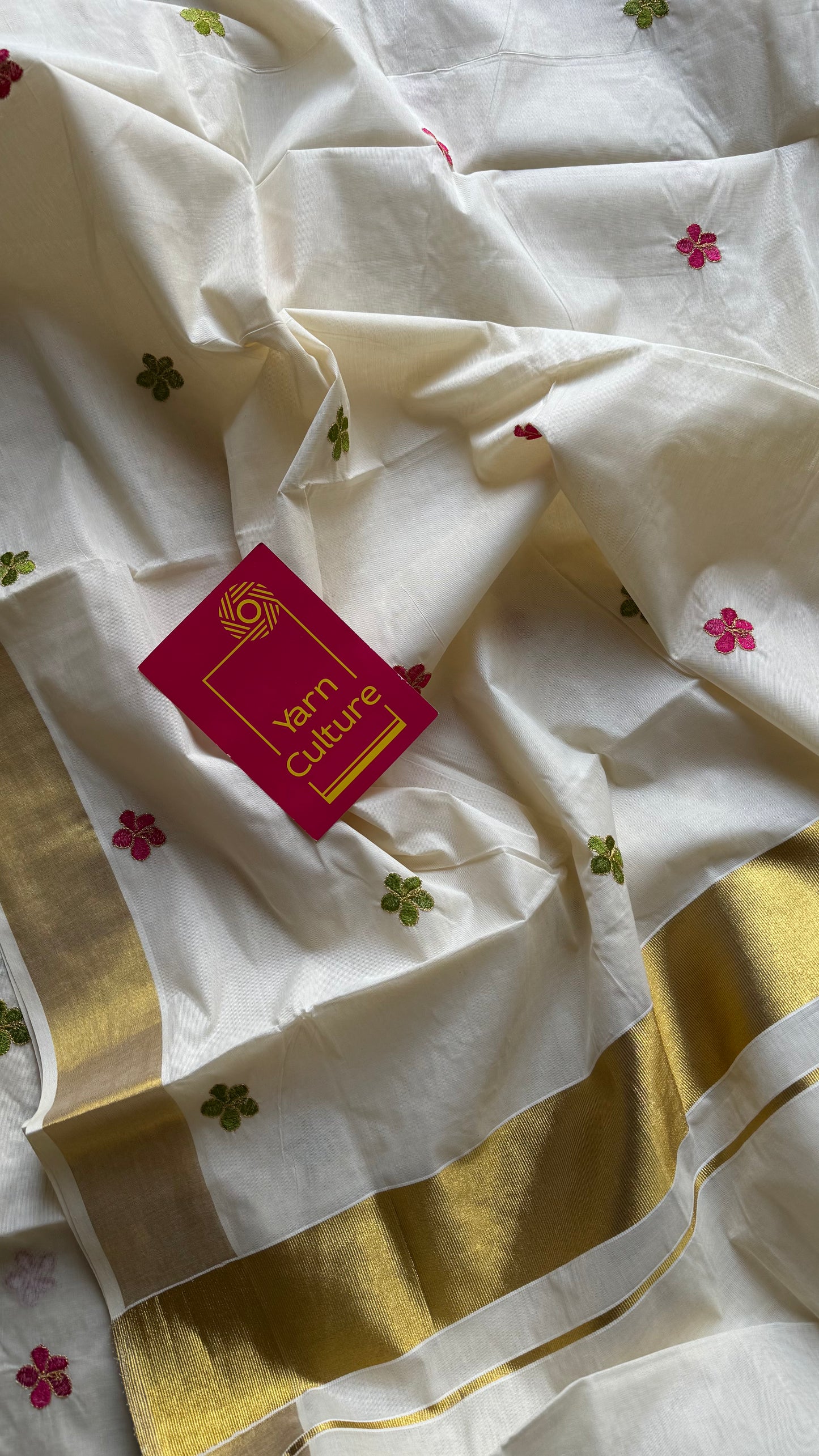 Ivory and gold saree with light green and hot pink floral embroidery - YCIEKCFE310