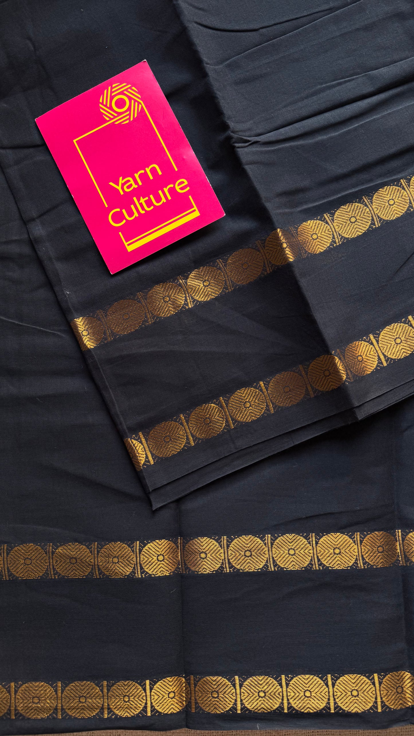 Black with round motif gap border, kattuchayam dyed madurai cotton saree - YCCOTNMSFE113