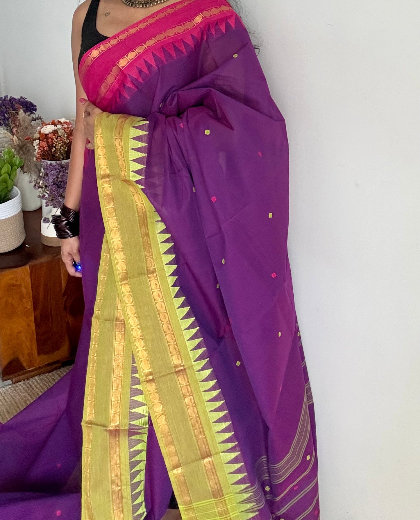 Kanchi cotton saree, purple with hot pink and lime green dual border - YCCOTNAP98