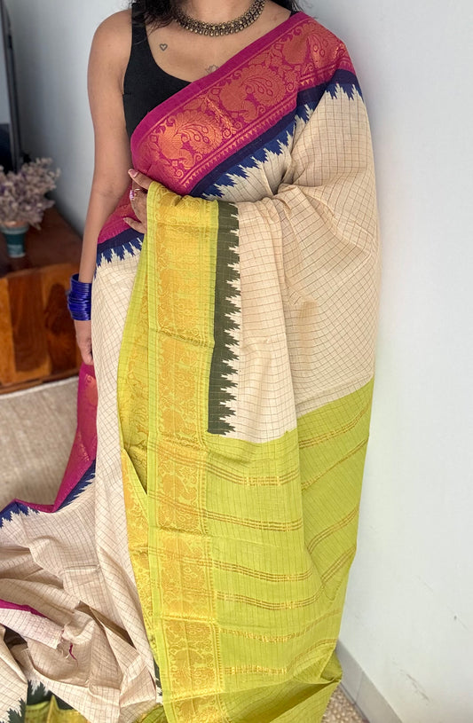 Magenta - bright green sungudi cotton checks, sandal colour base, soft cotton - YCCOTNJSUN07