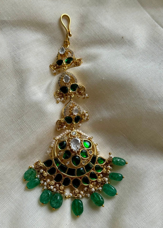 Green white kundan maang tikka - YCAGMT286