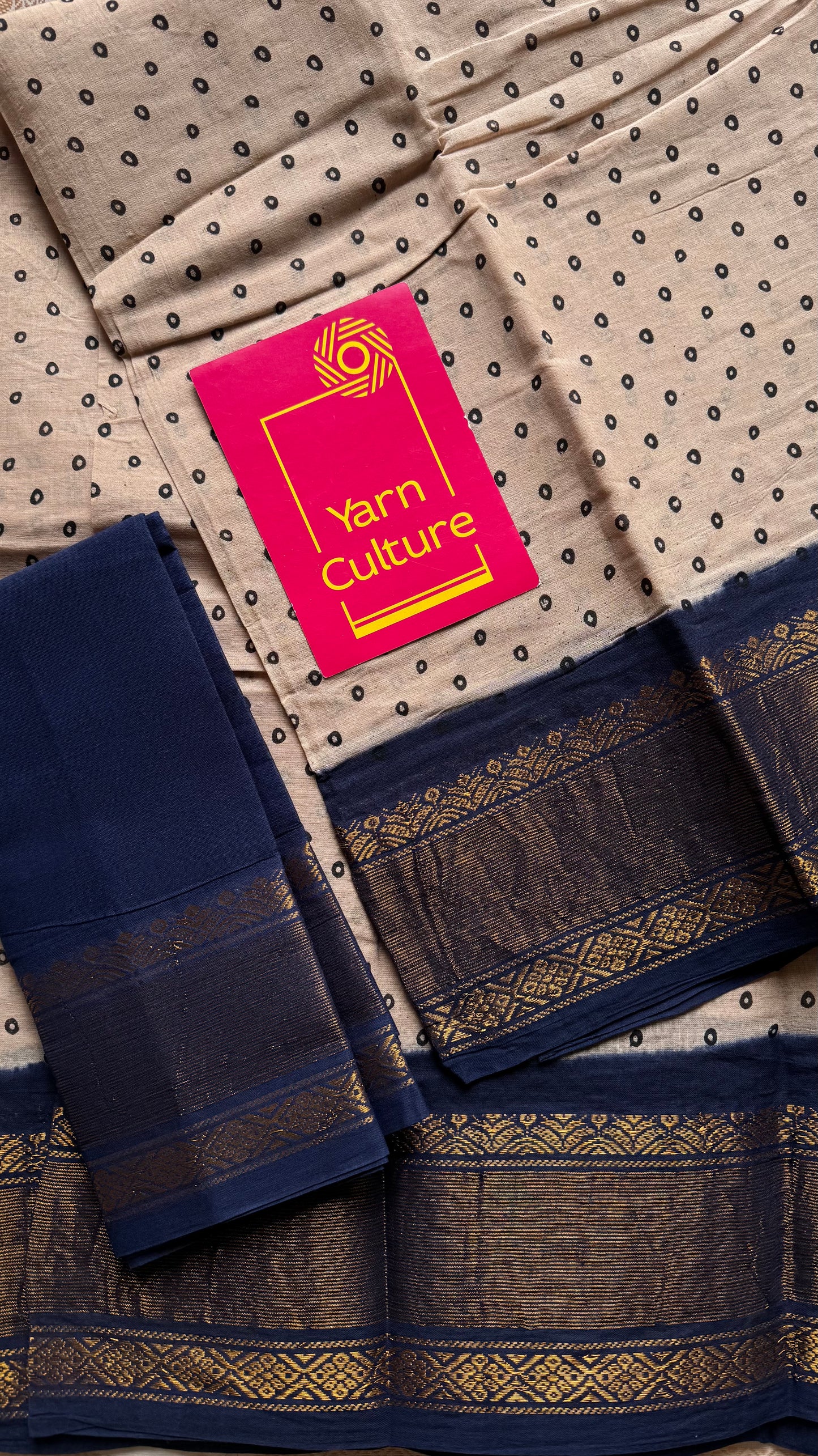 Sandal and dark blue with antique gold zari border, kattuchayam dyed madurai cotton saree - YCCOTNMSJUL12