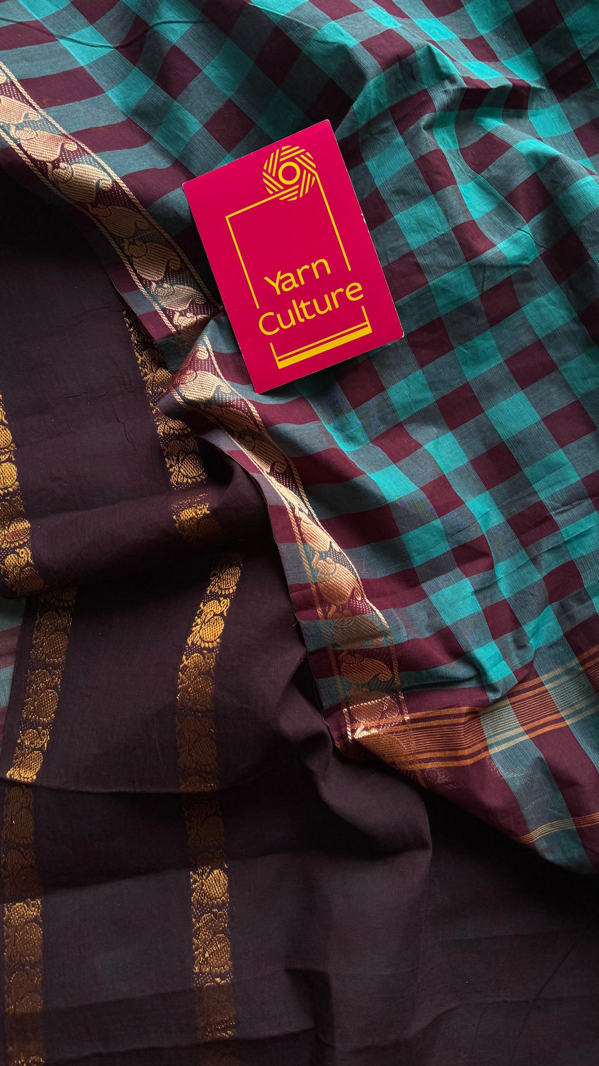 Turquoise multi checks with brown, sungudi and chettinad cotton half-half saree - YCCOTNIDOC35