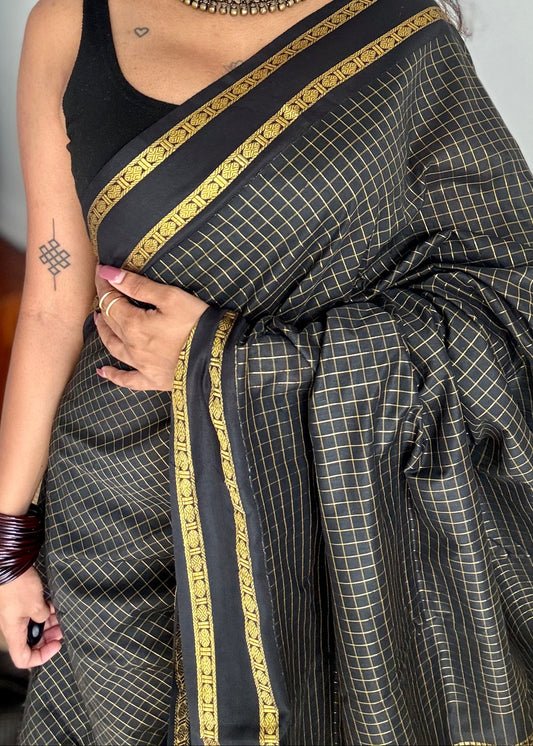 Black, arani zari checks saree, cotton silk - YCCOTNAUG16