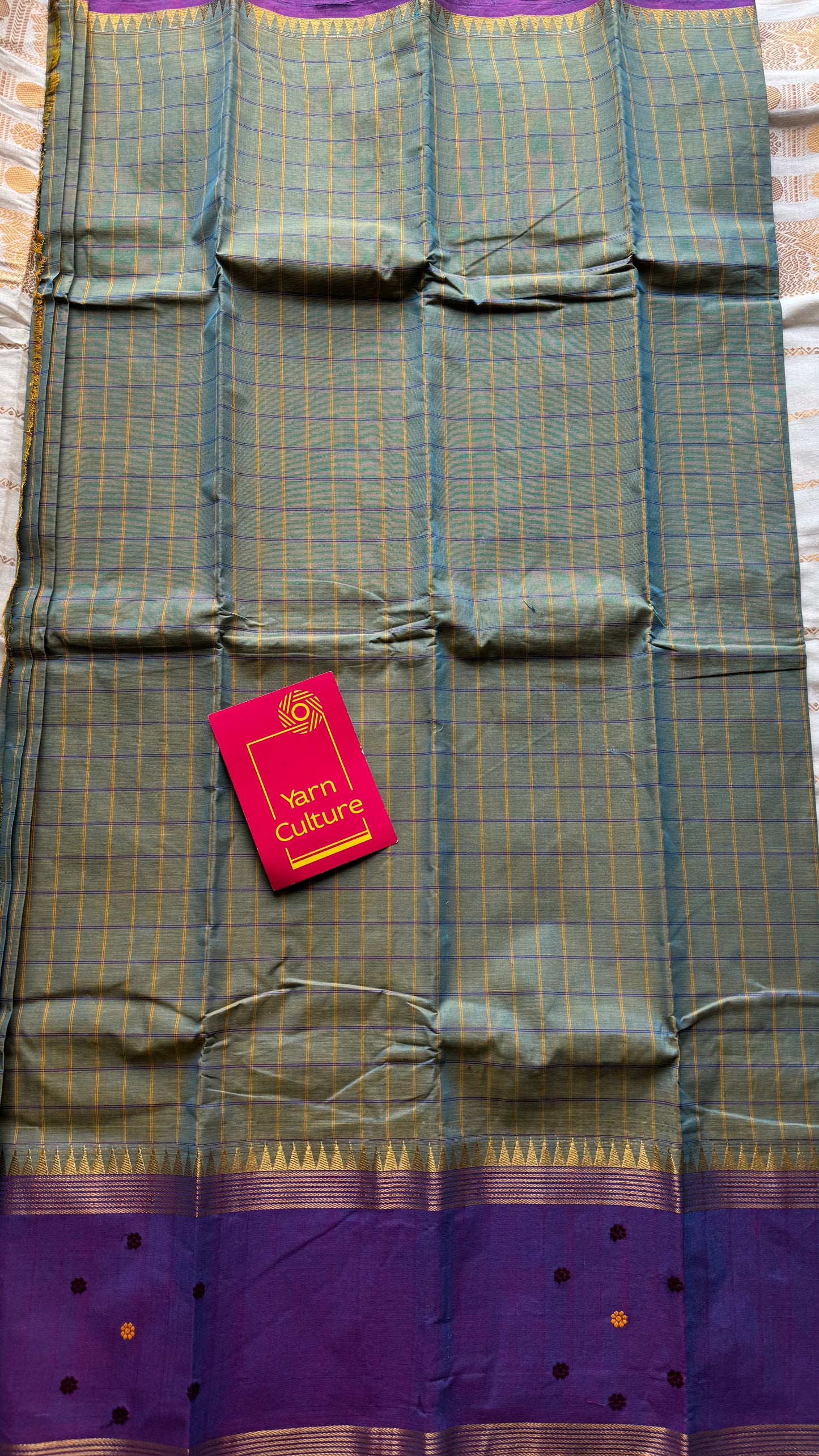 Grey and purple contrast, checkered Chettinad cotton saree - YCCOTNMA270