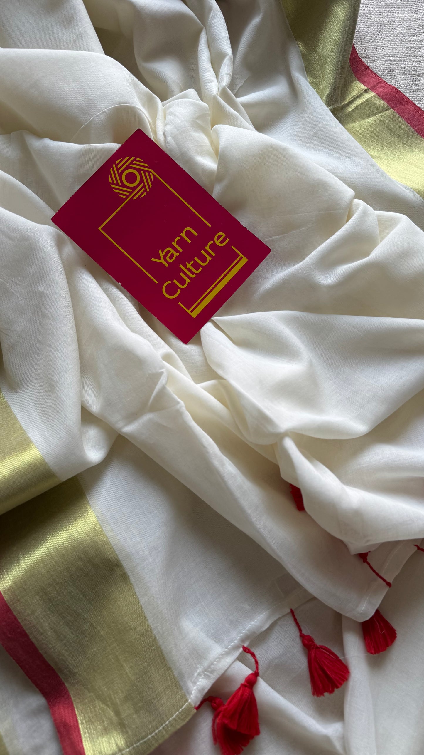 Ivory mul saree with red gold zari border  - YCBCMCFE291