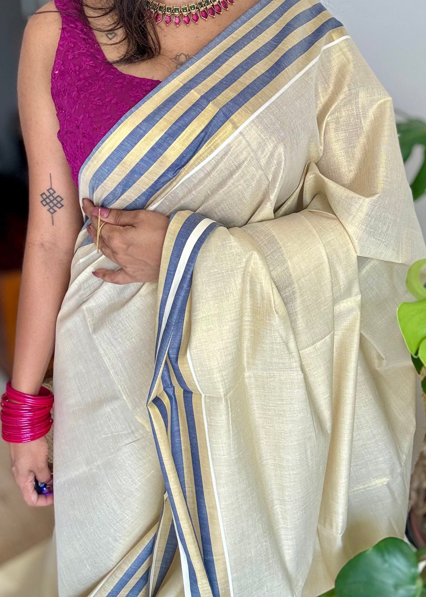 Ivory and gold soft tissue cotton saree, royal blue border - YCIEON66