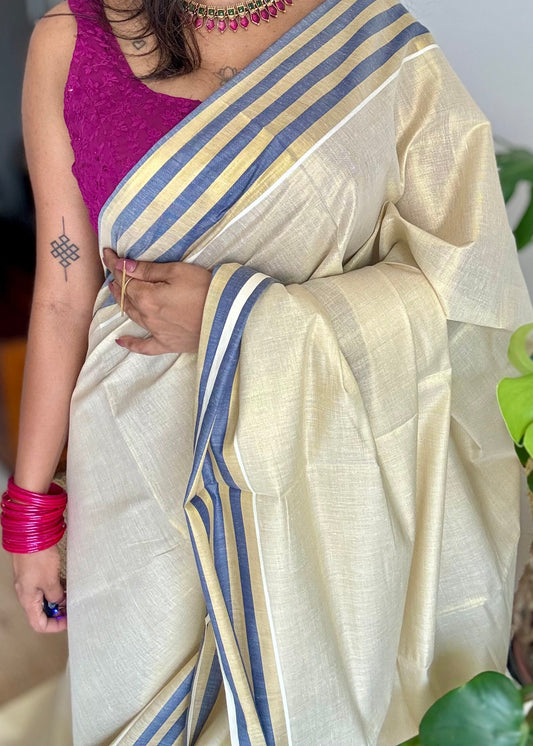 Ivory and gold soft tissue cotton saree, royal blue border - YCIEON66