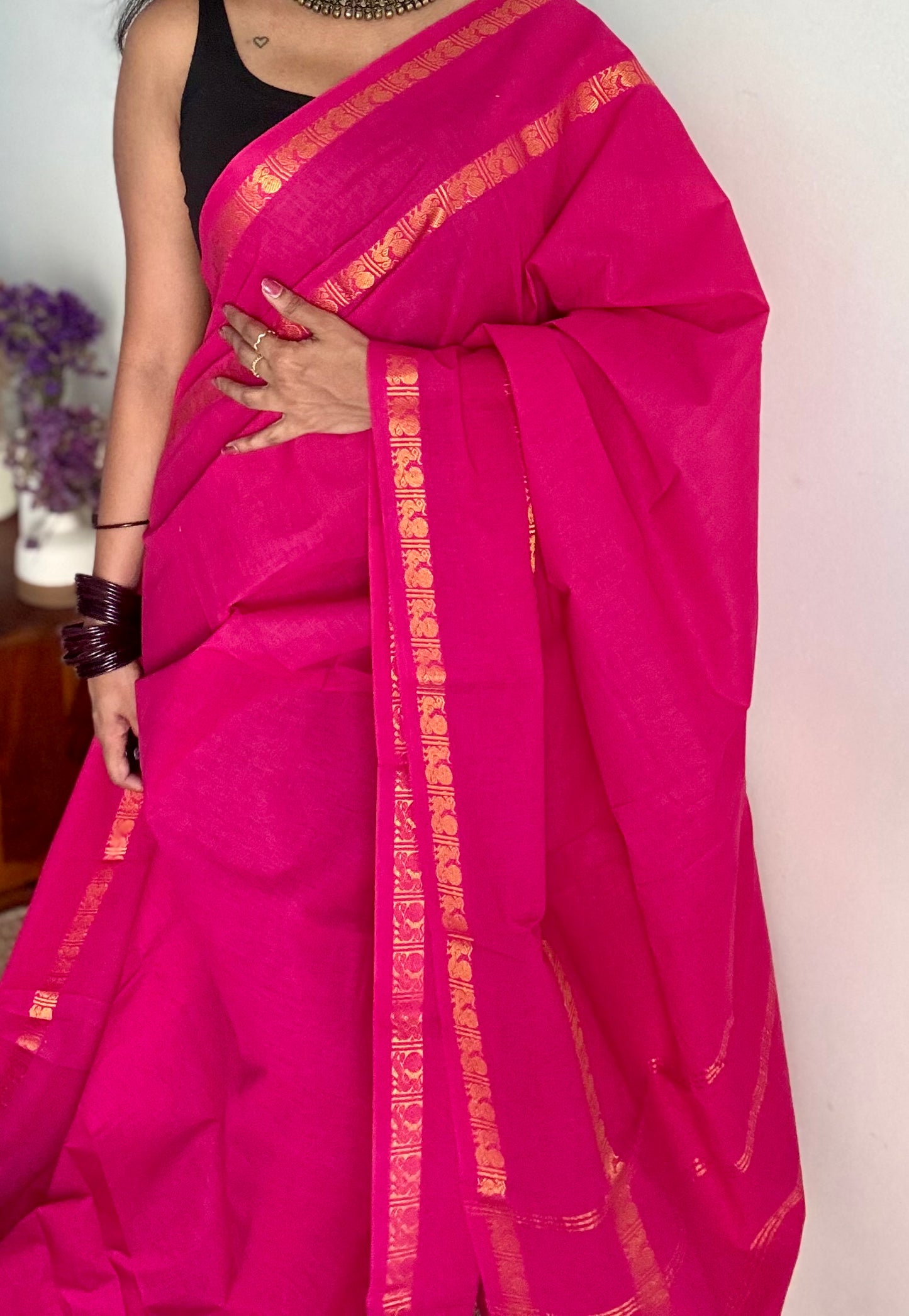 Hot pink rettaipettu peacock gap border, kattuchayam dyed madurai cotton saree  - YCCOTNMSAP101