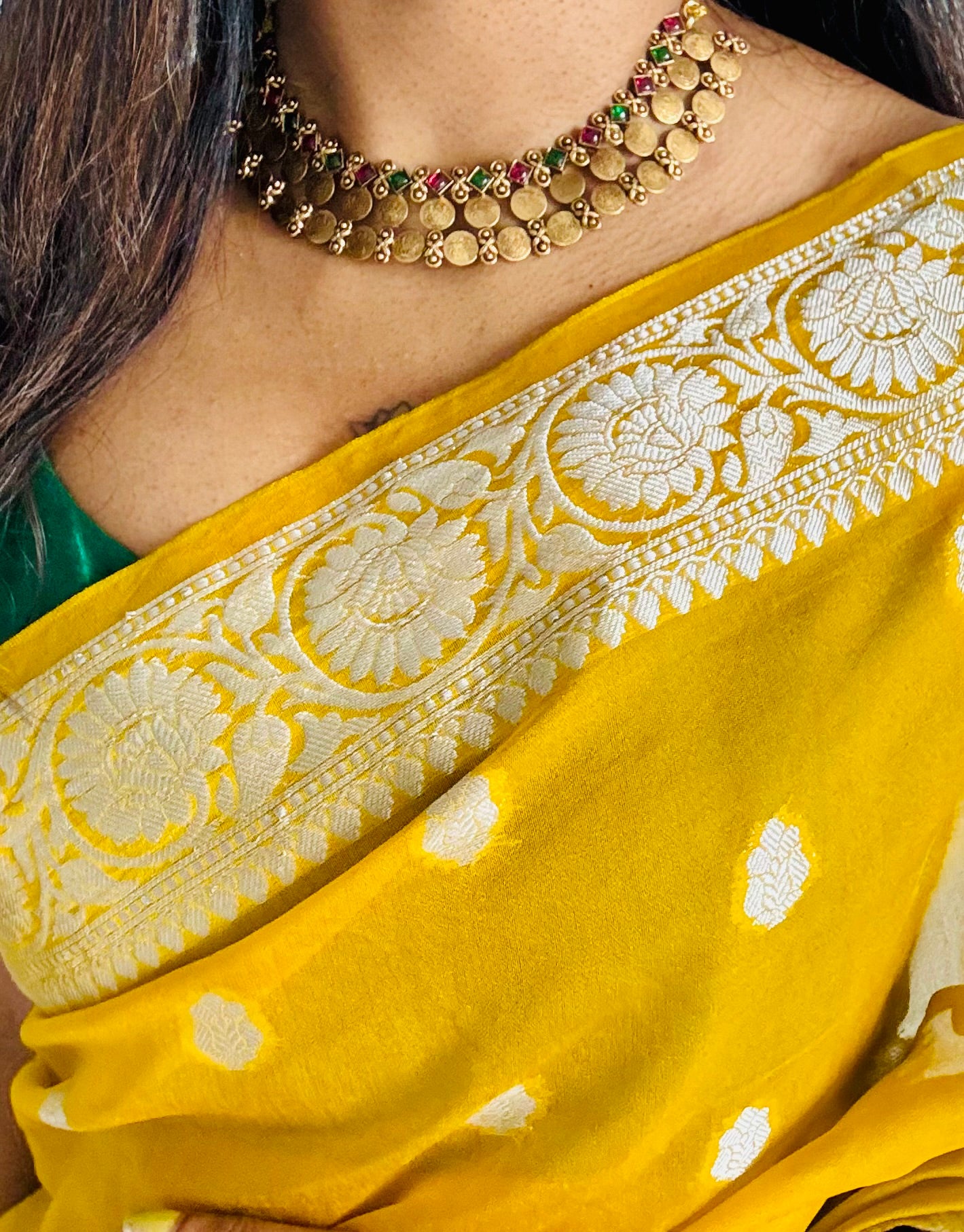 Ruby and green stones with 2 layer coin neckpiece, with earrings - YCGPNP677